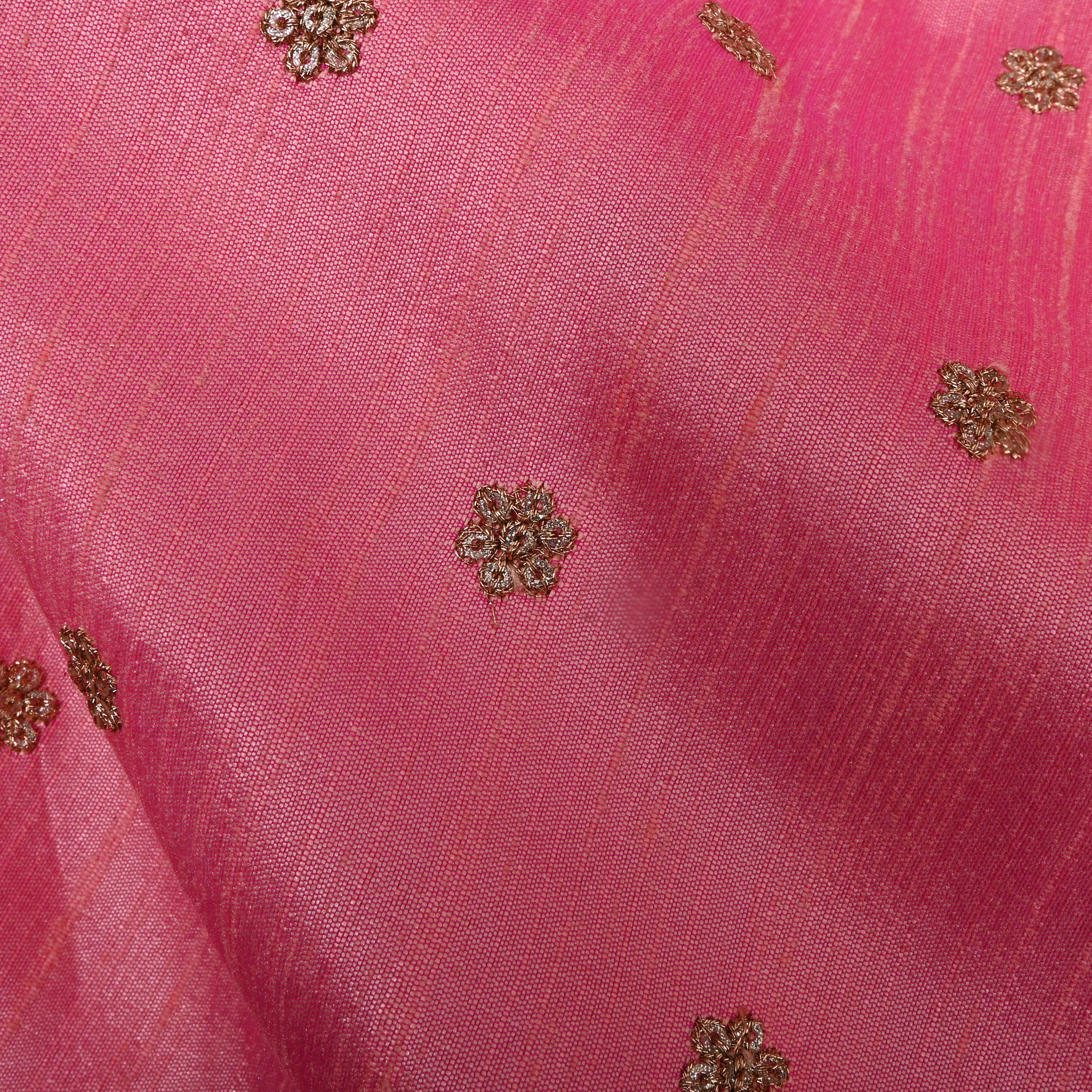 Neon Pink Zari Embroidered Tissue Fabric