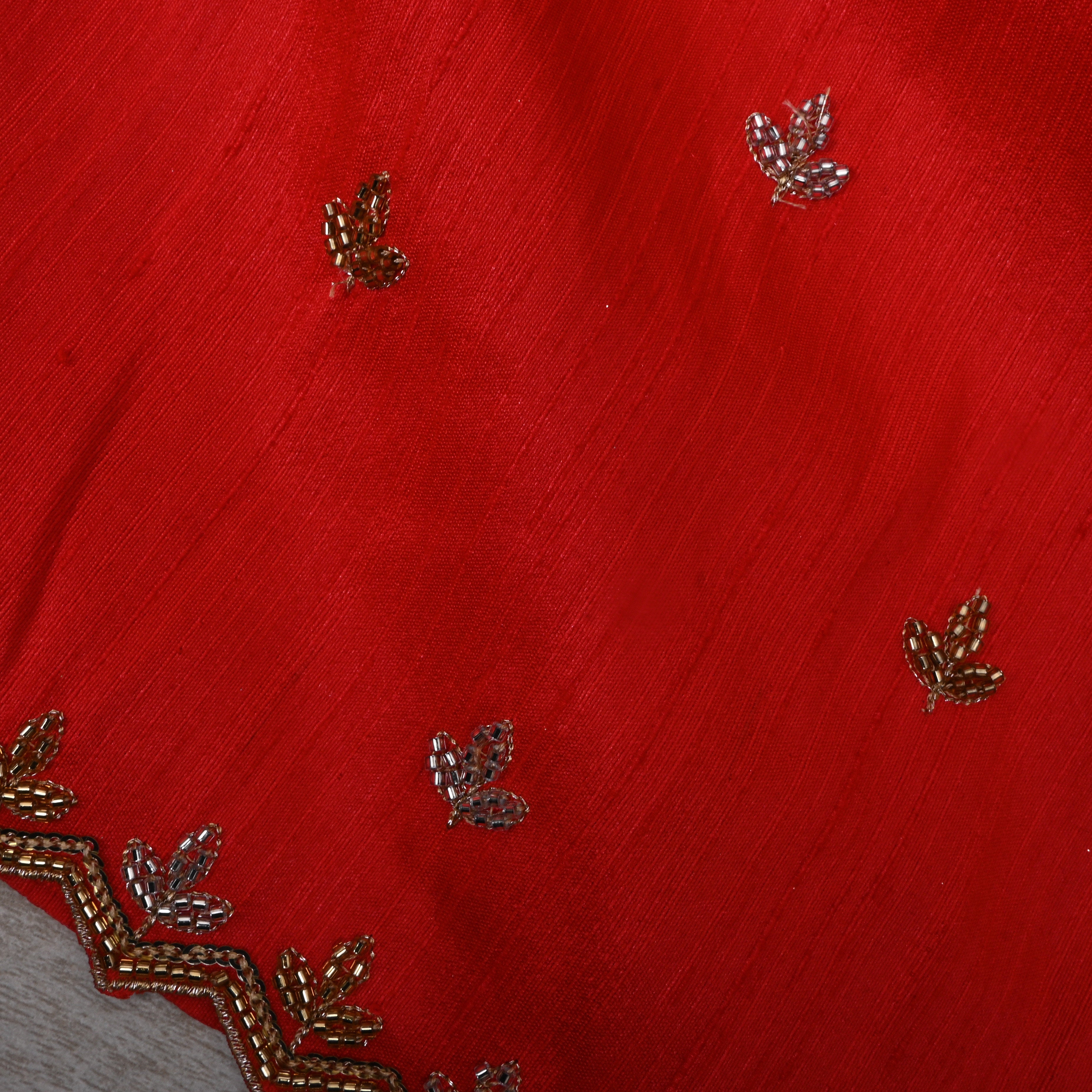 Bright Red Floral Embroidered Dupion Silk Fabric