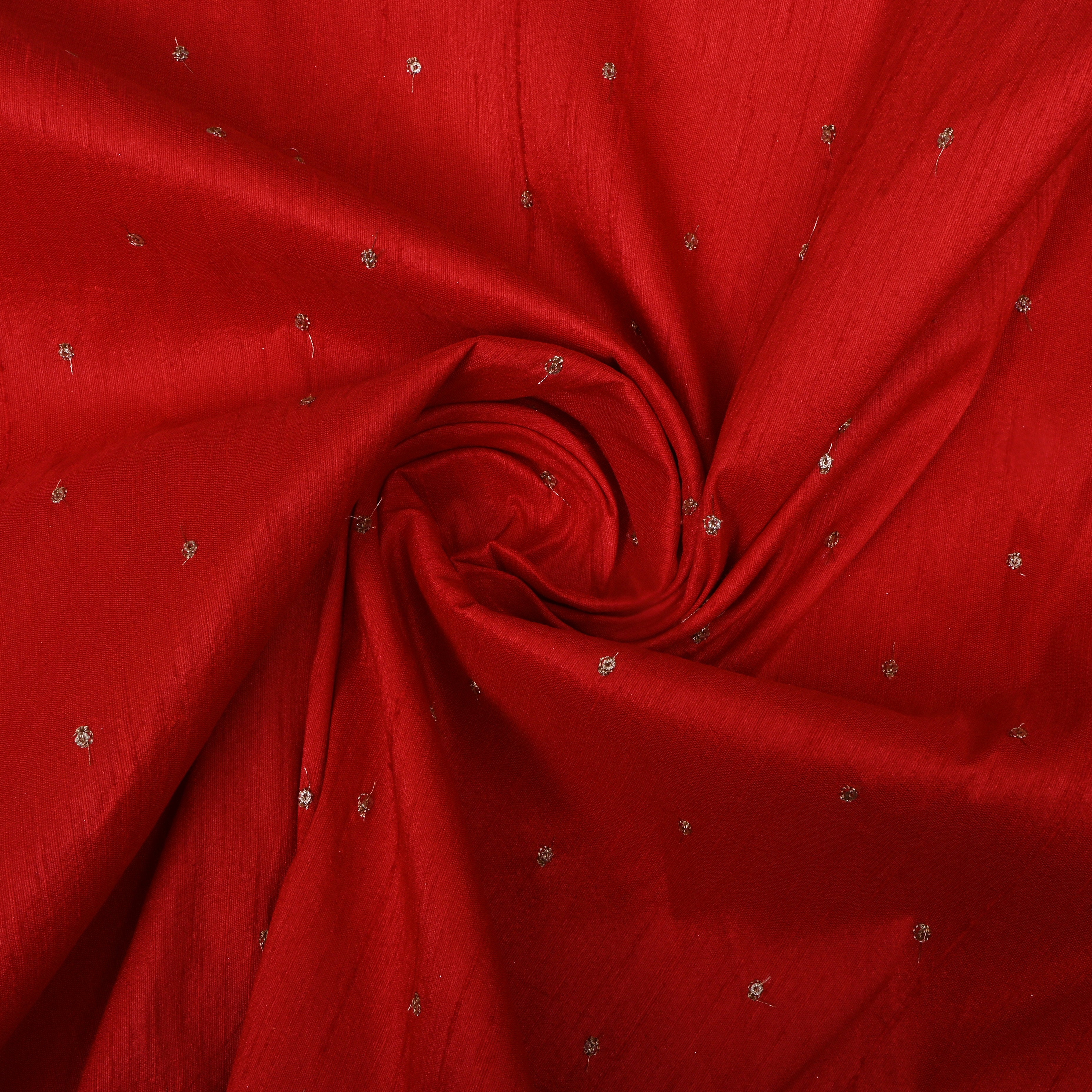 Bright Red Zari Embroidered Dupion Silk Fabric