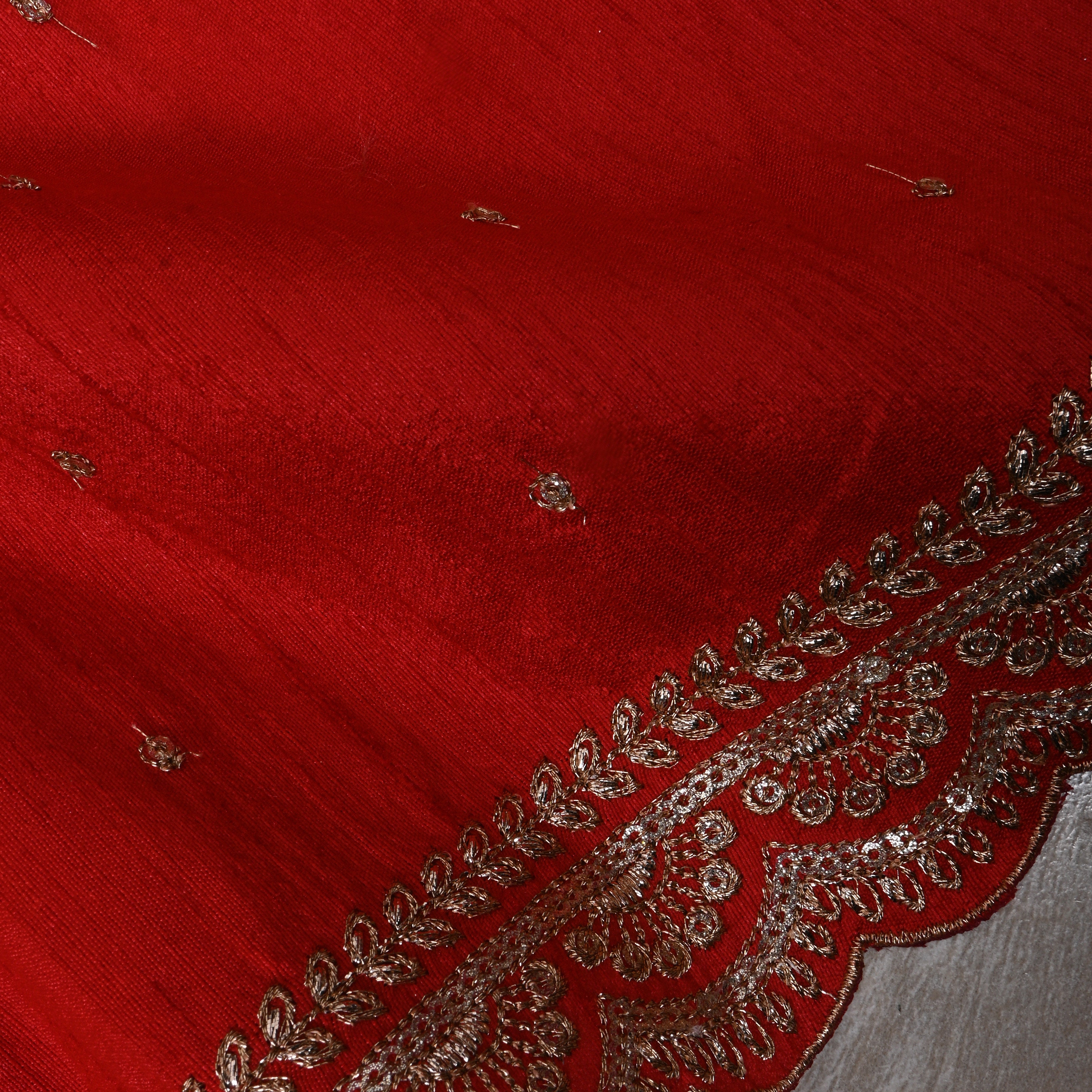 Bright Red Zari Embroidered Dupion Silk Fabric