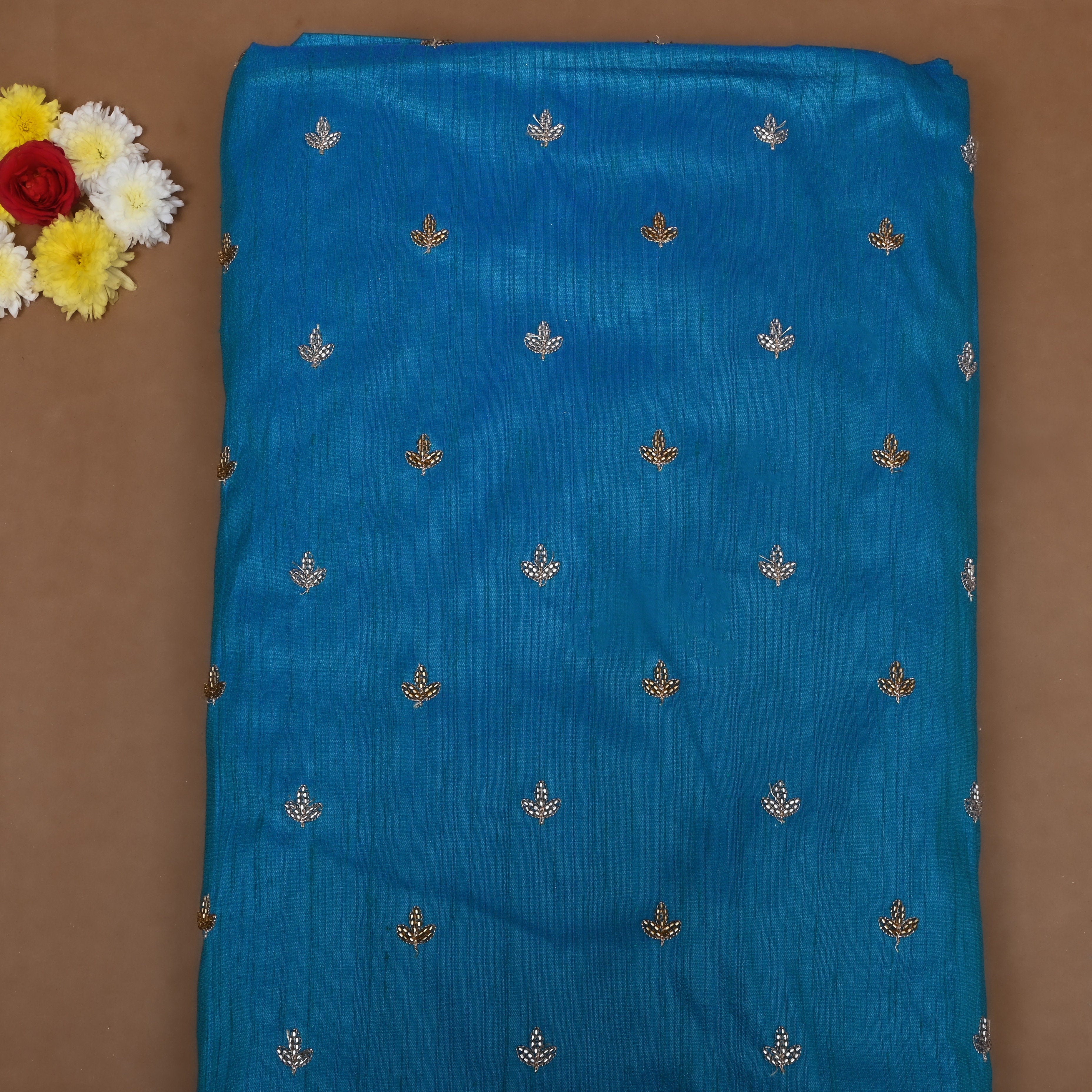 Cobalt Blue Floral Embroidered Dupion Silk Fabric