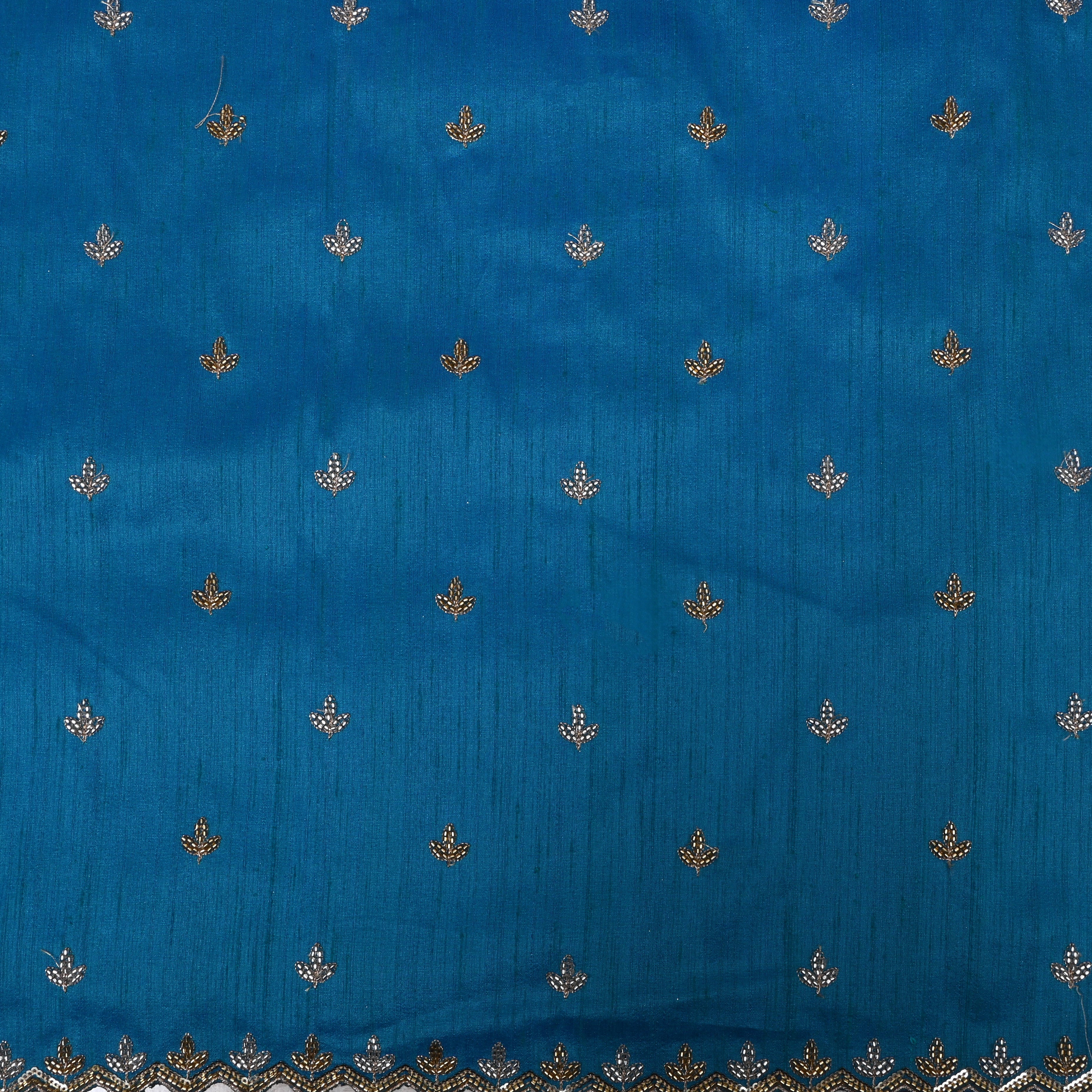 Cobalt Blue Floral Embroidered Dupion Silk Fabric
