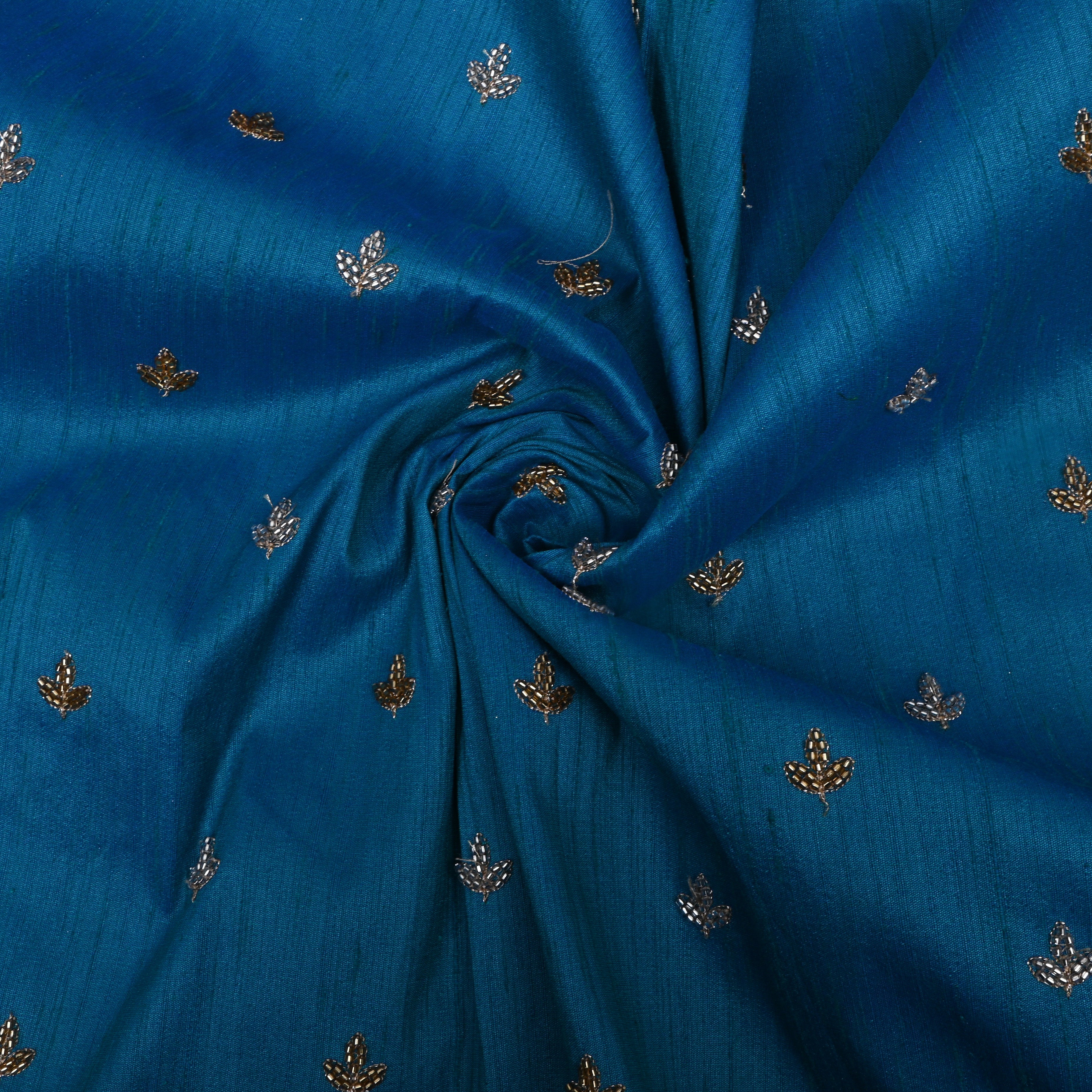 Cobalt Blue Floral Embroidered Dupion Silk Fabric