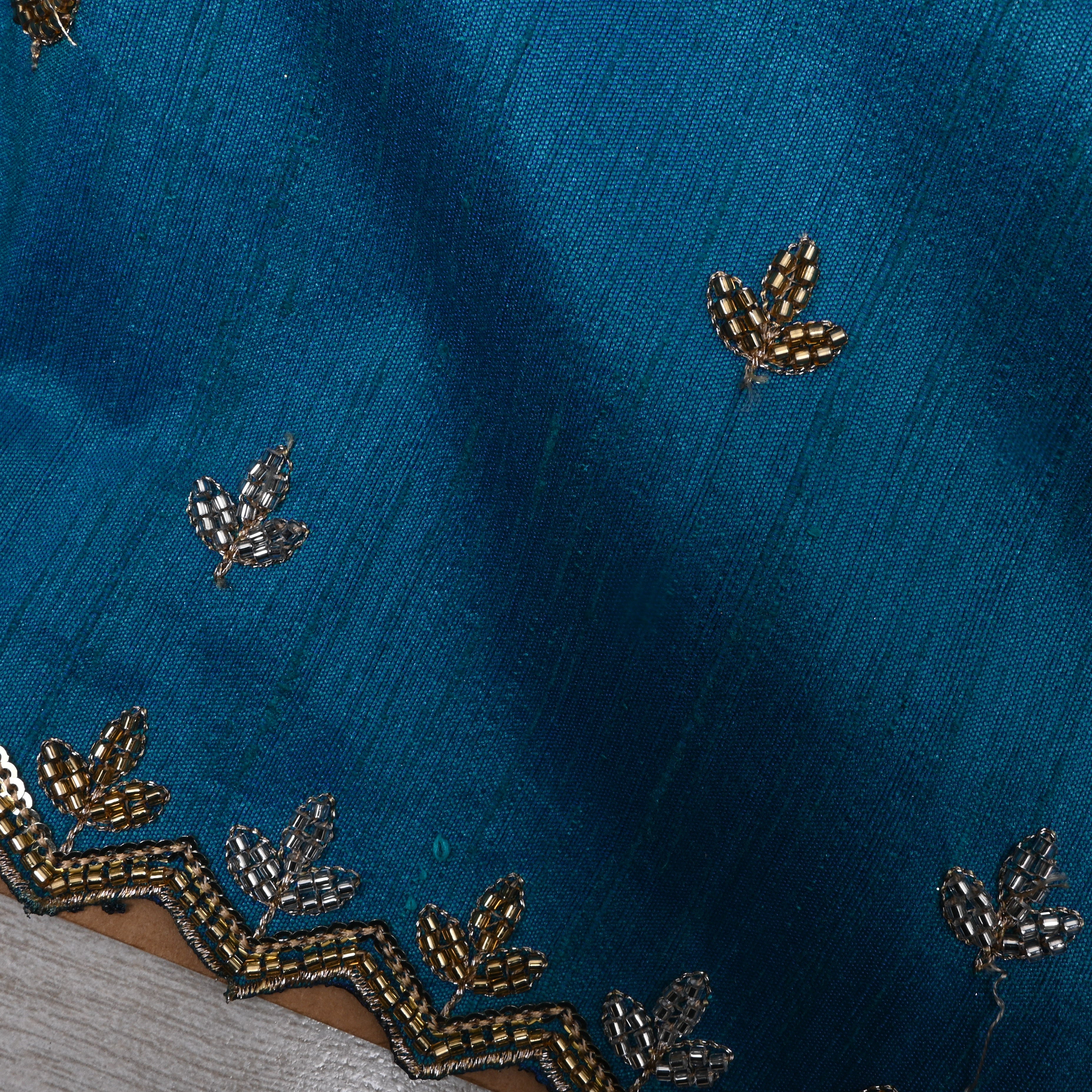 Cobalt Blue Floral Embroidered Dupion Silk Fabric