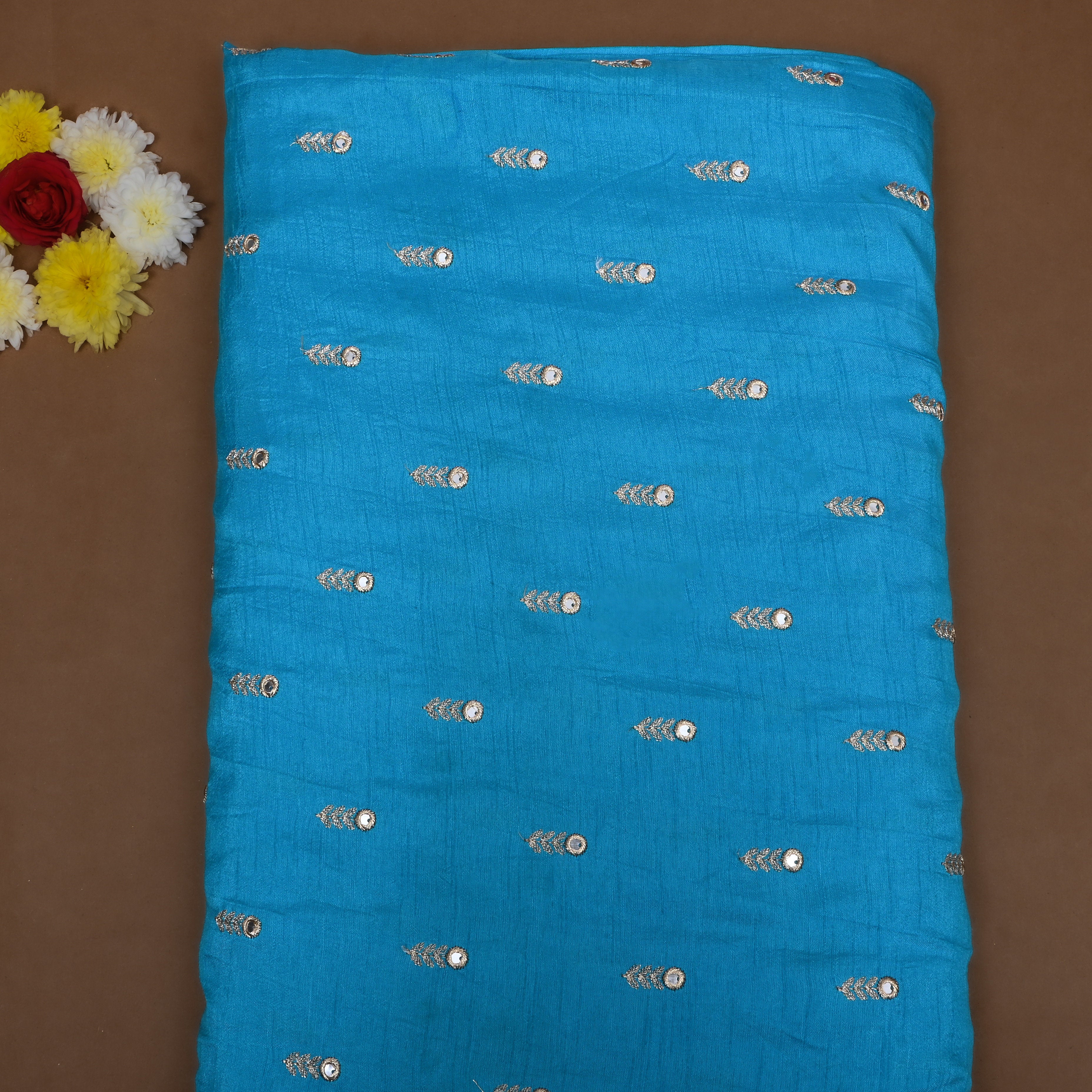 Ocean Blue Floral Embroidered Silk Fabric