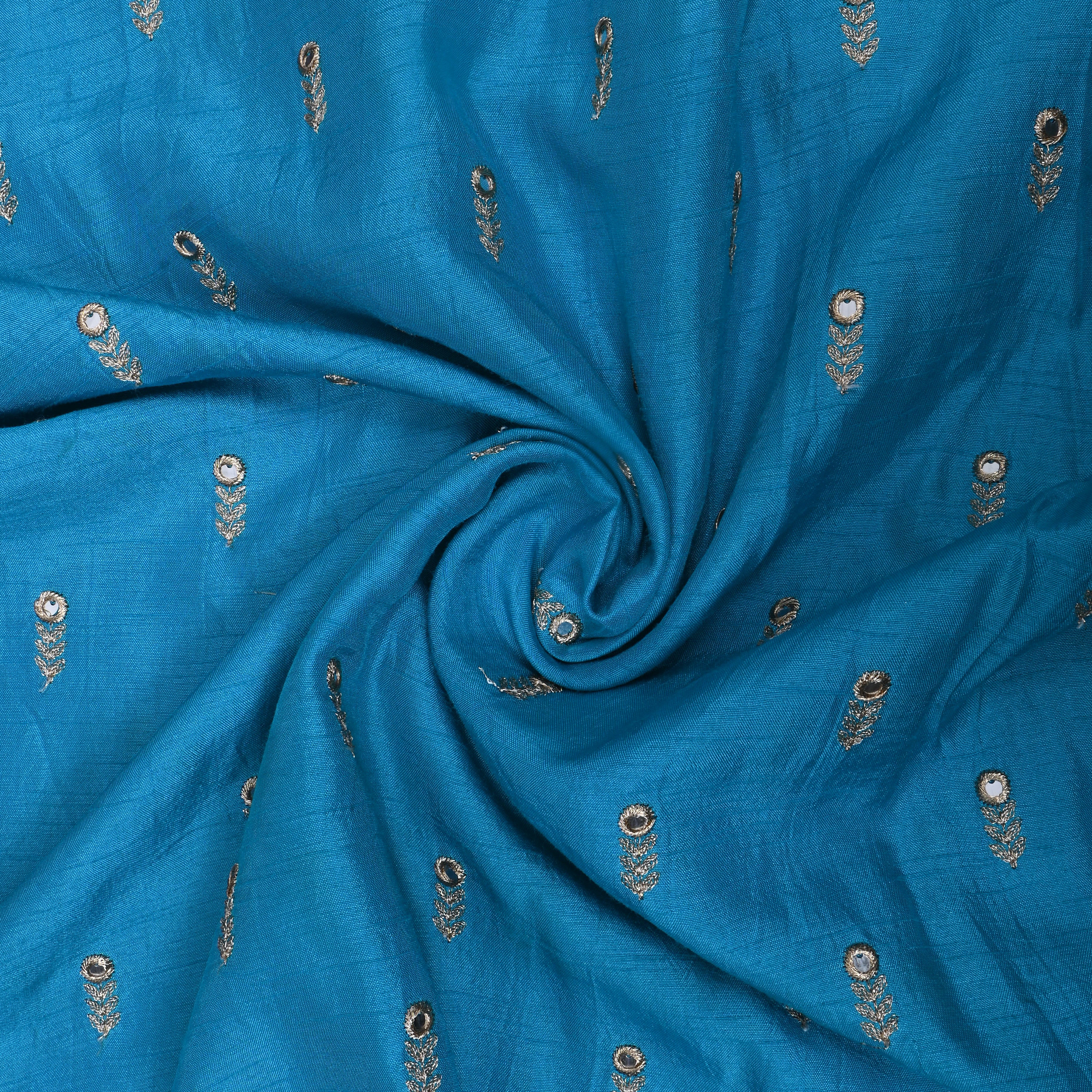 Ocean Blue Floral Embroidered Silk Fabric