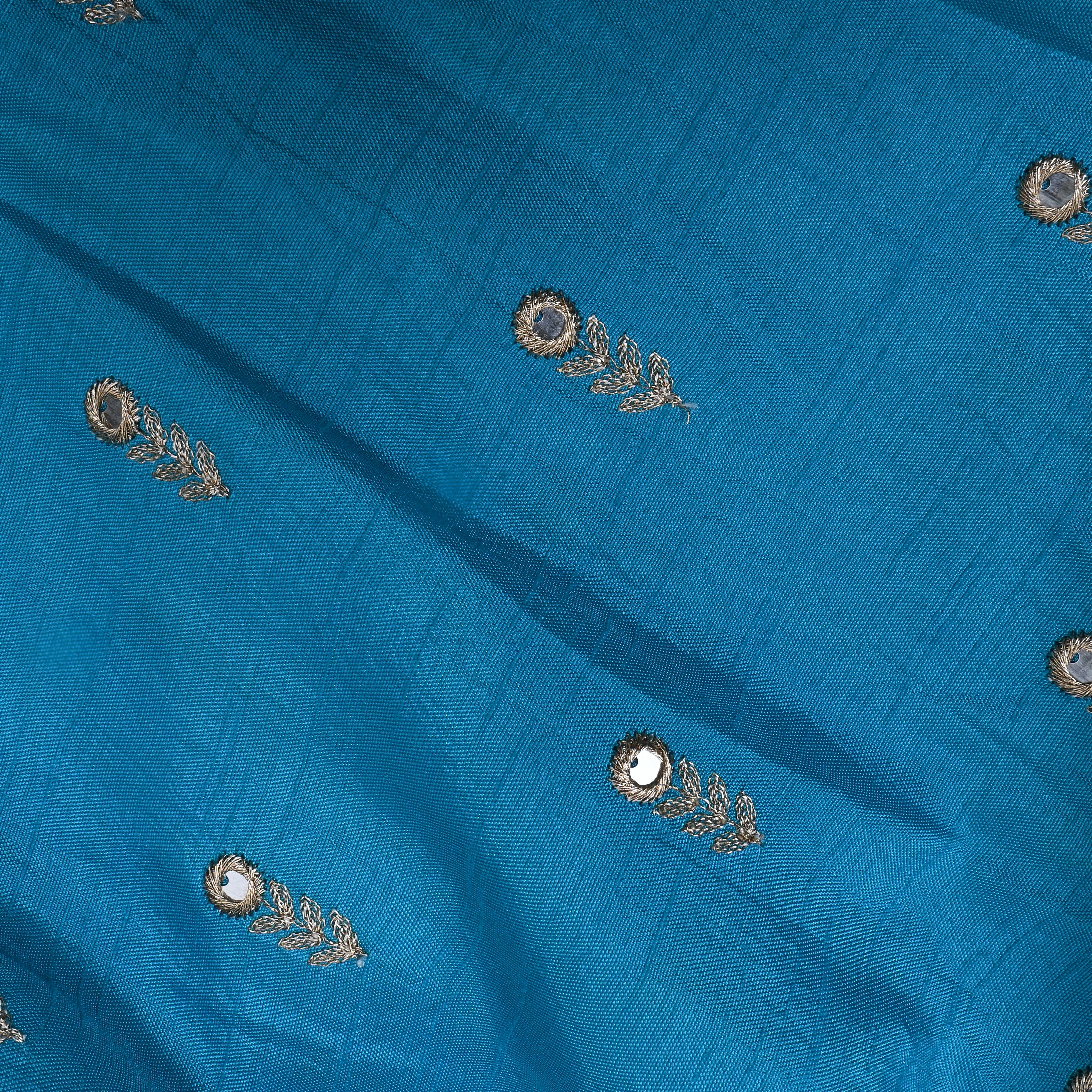 Ocean Blue Floral Embroidered Silk Fabric