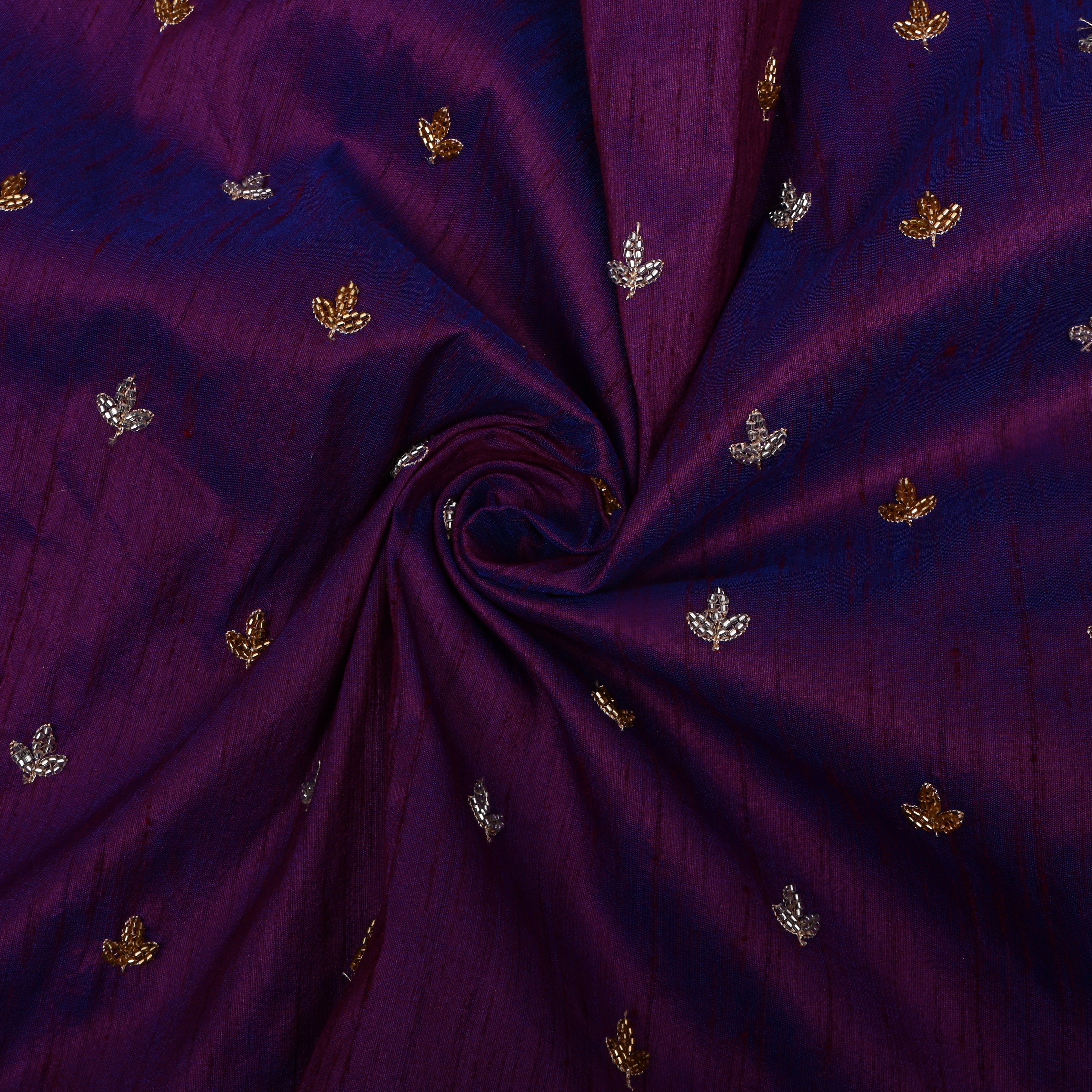 Plum Purple Floral Embroidered Dupion Silk Fabric