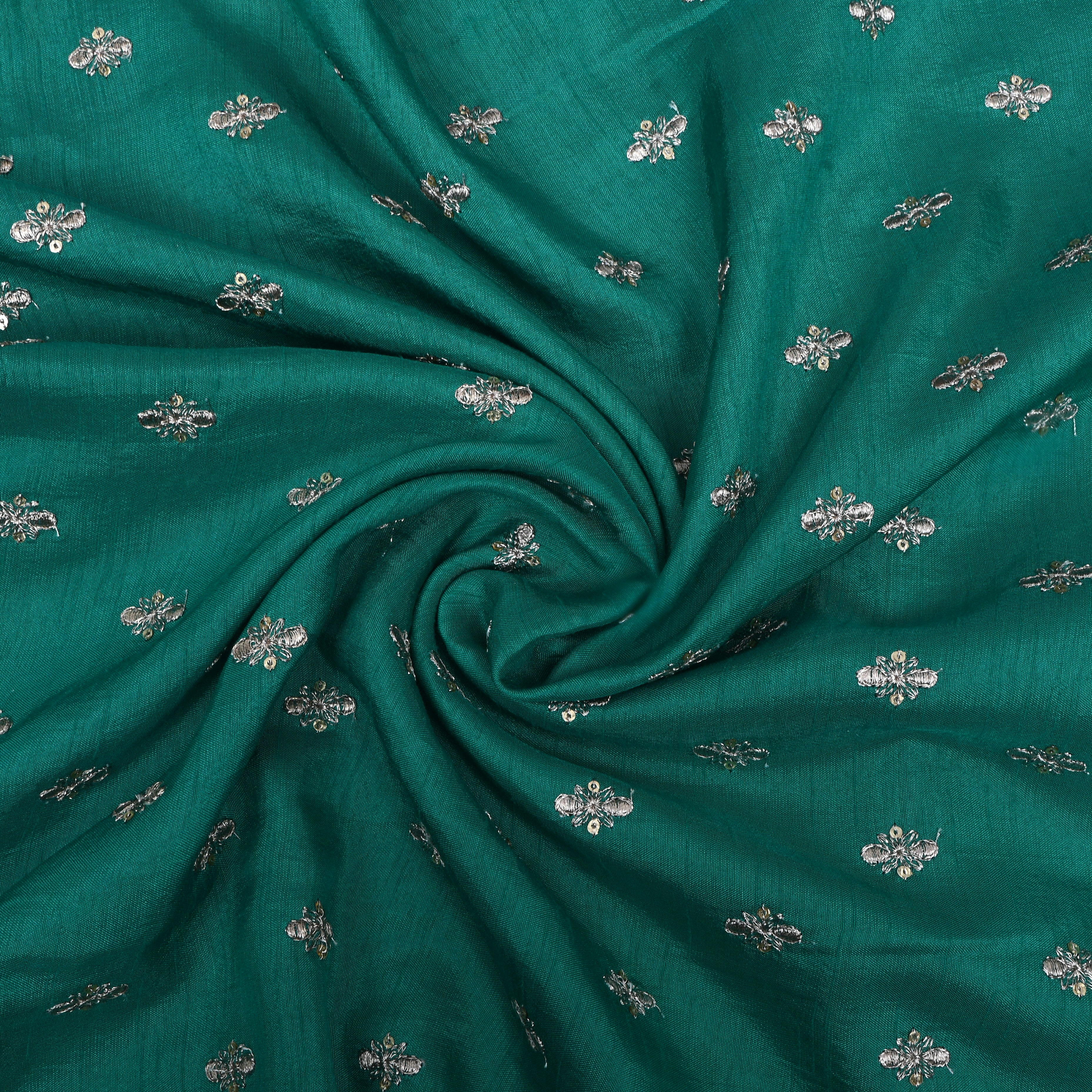 Teal Green Floral Zari Embroidered Silk Fabric