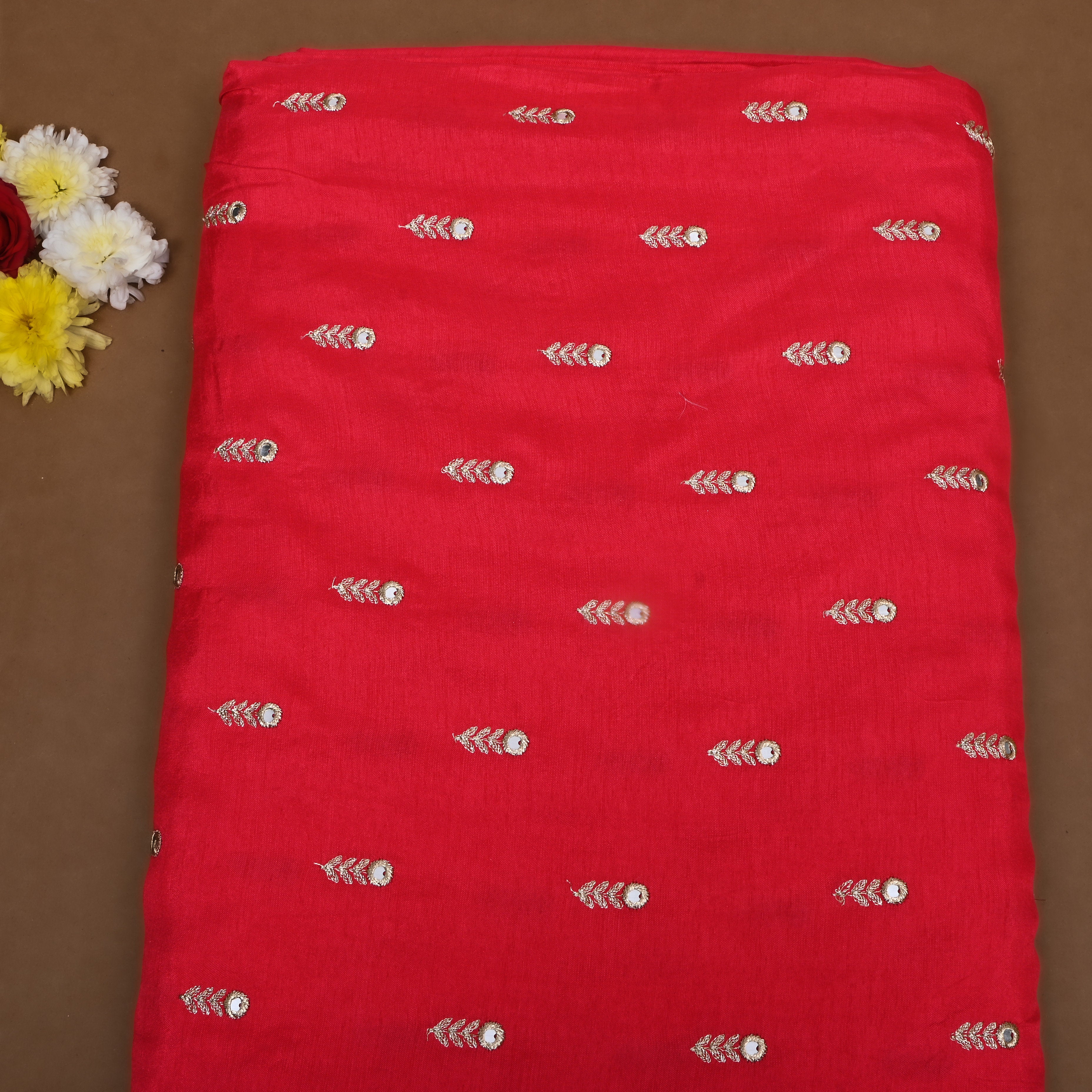 Bright Red Floral Embroidered Silk Fabric