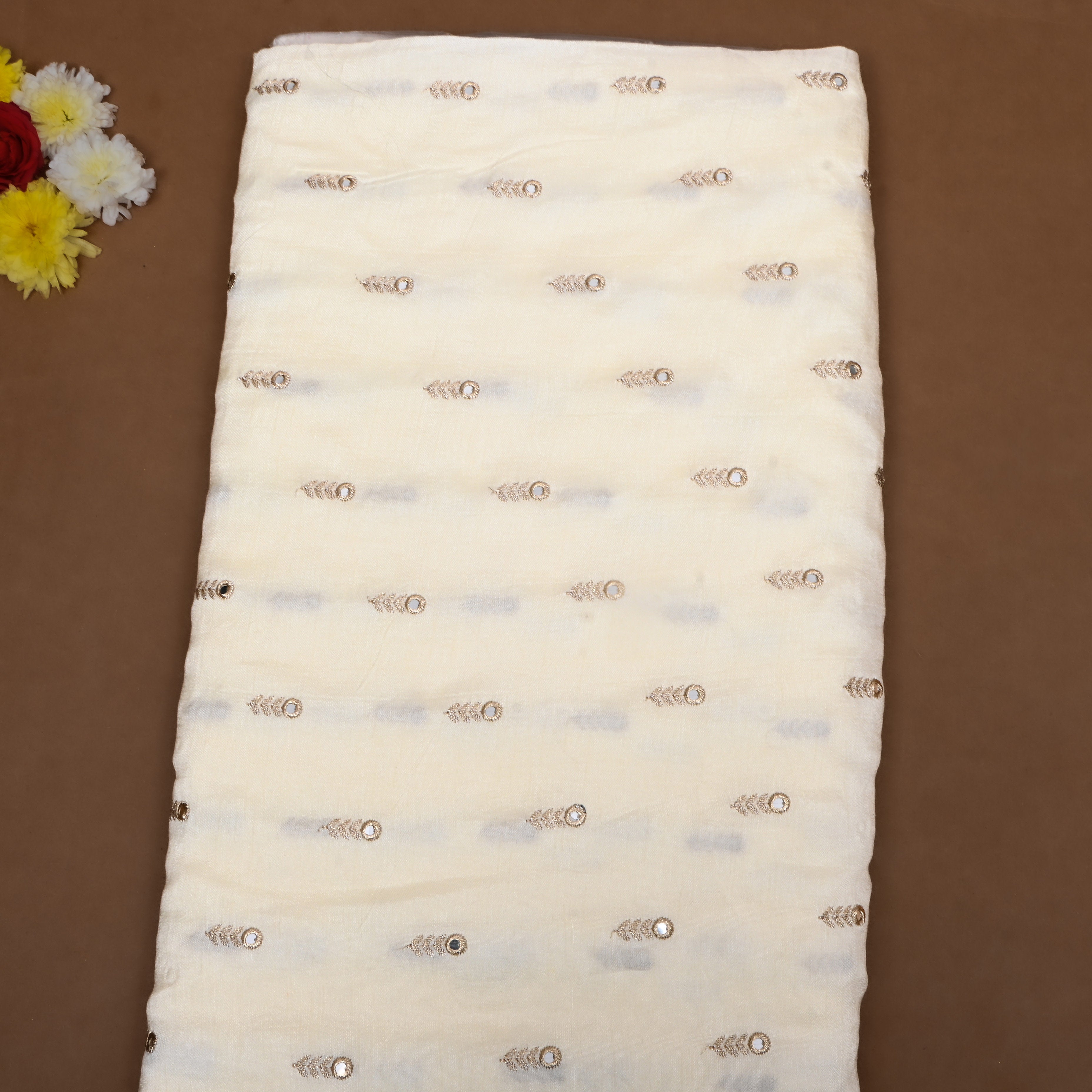 Off-White Floral Embroidered Silk Fabric
