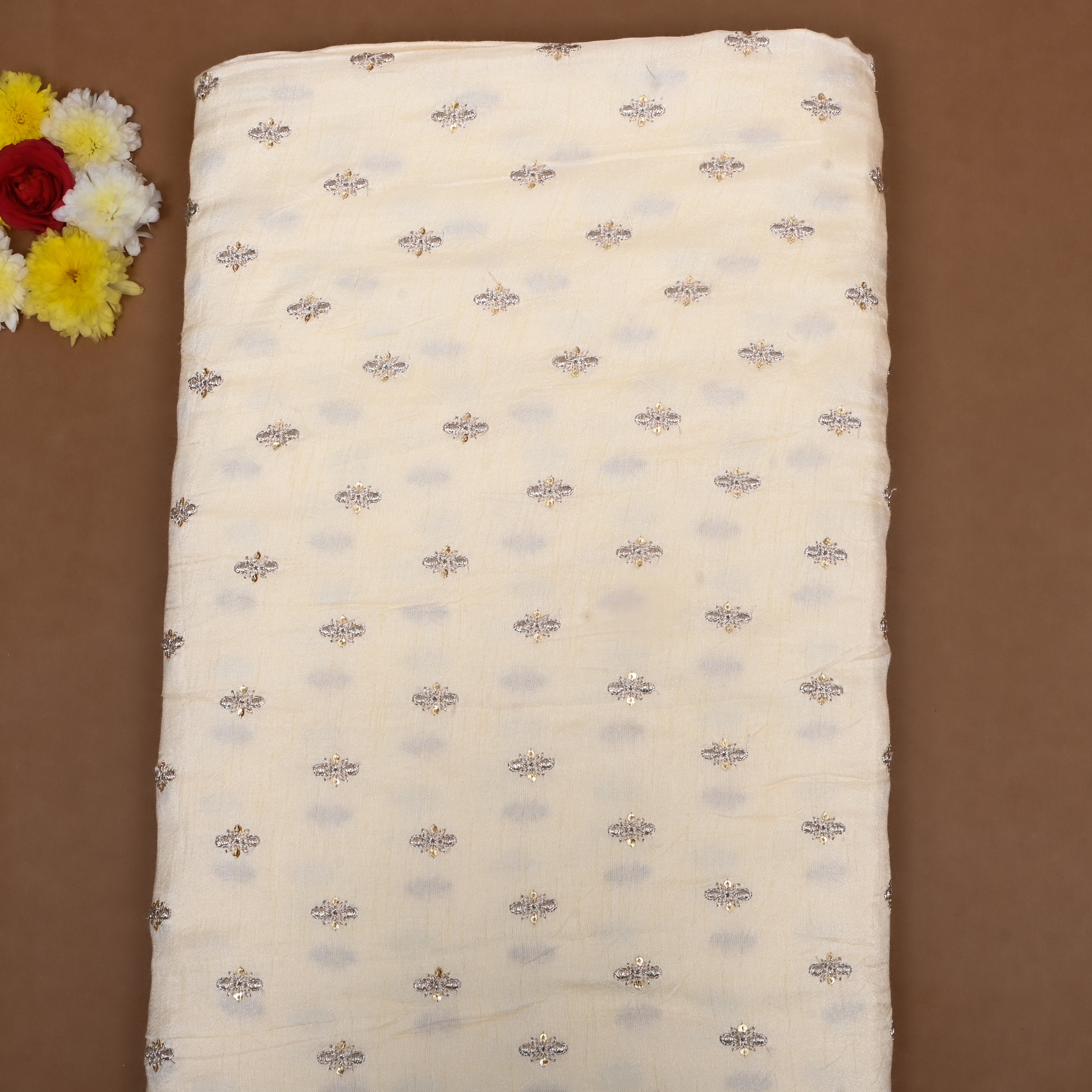 Light Cream Zari Embroidered Silk Fabric