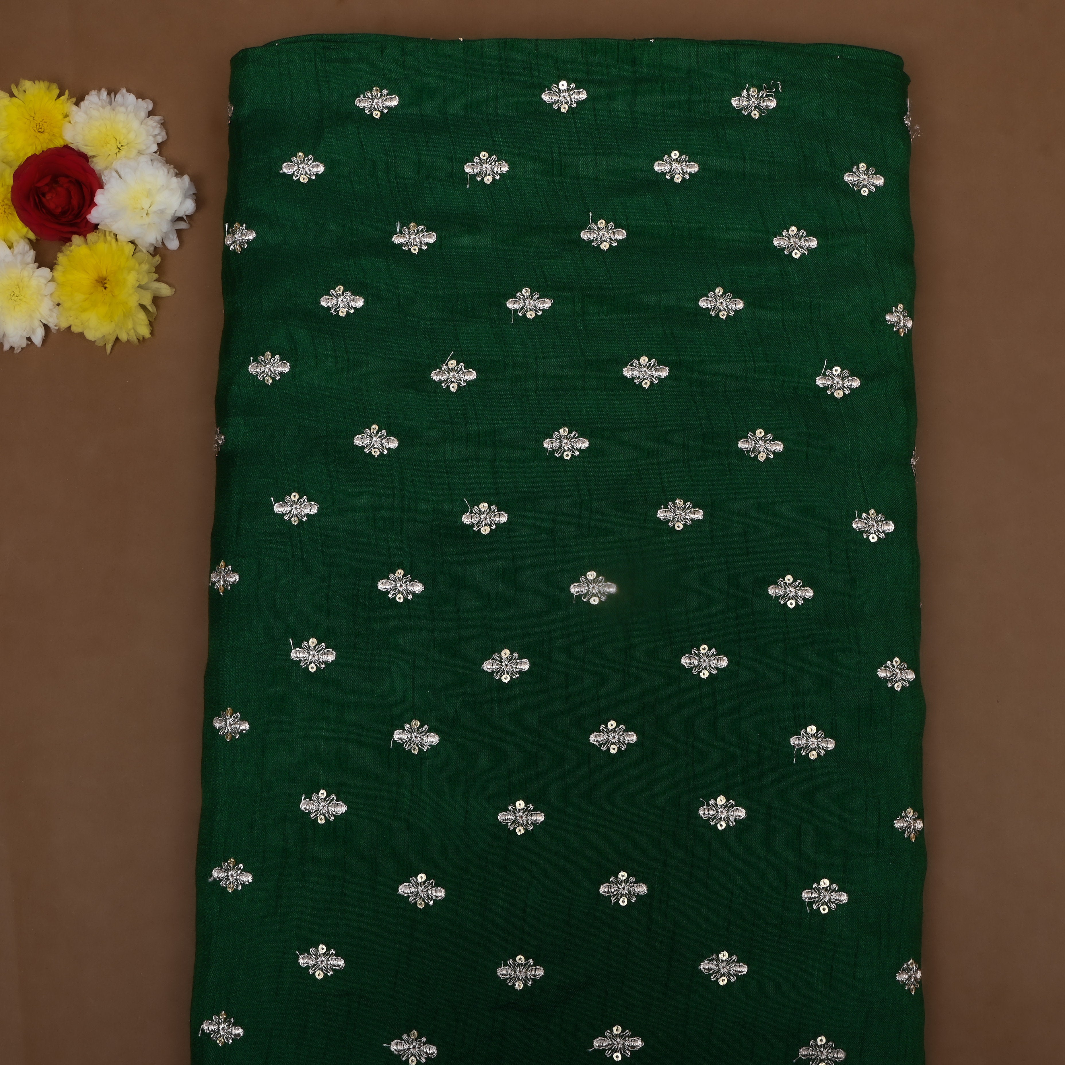 Bottle Green Floral Zari Embroidered Silk Fabric