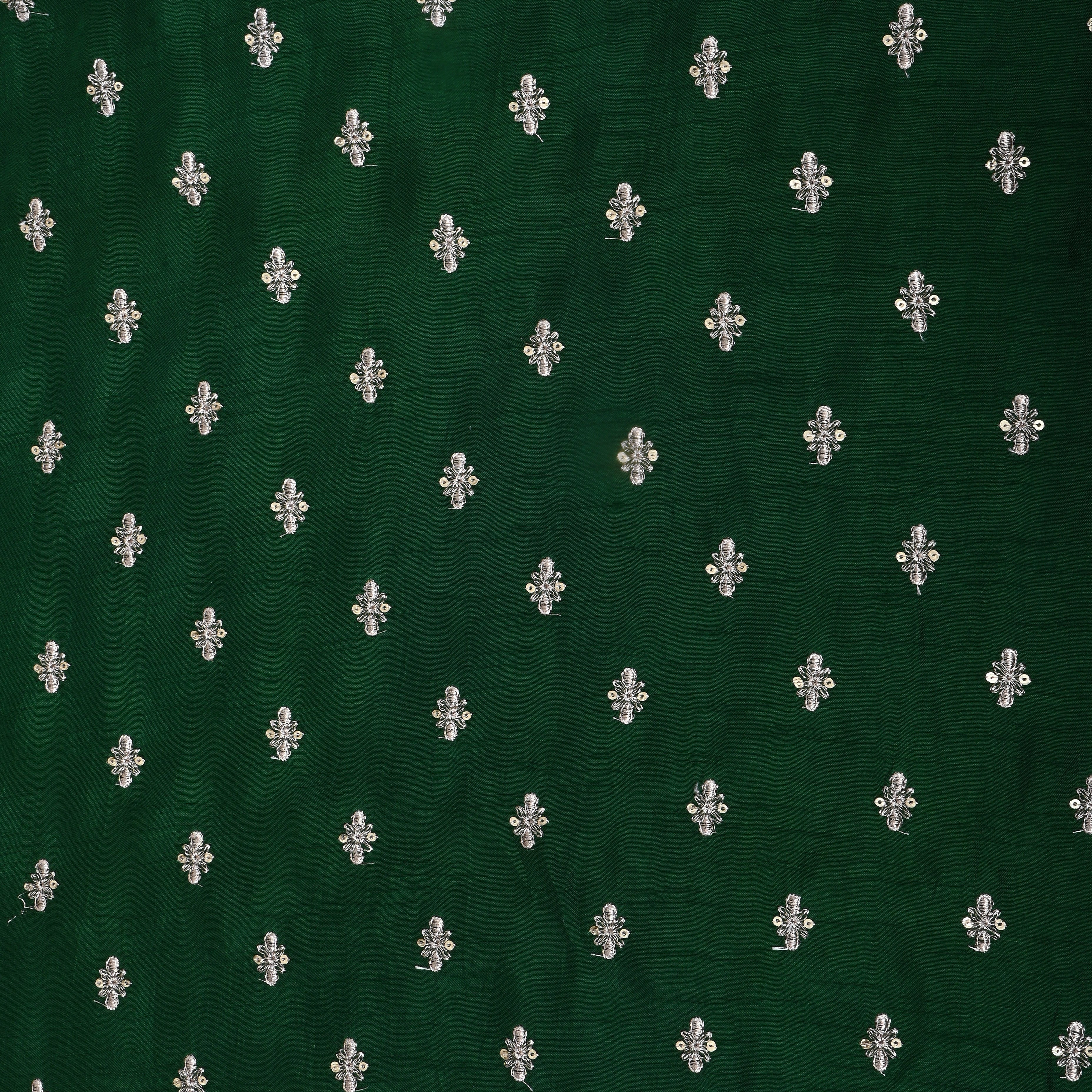 Bottle Green Floral Zari Embroidered Silk Fabric