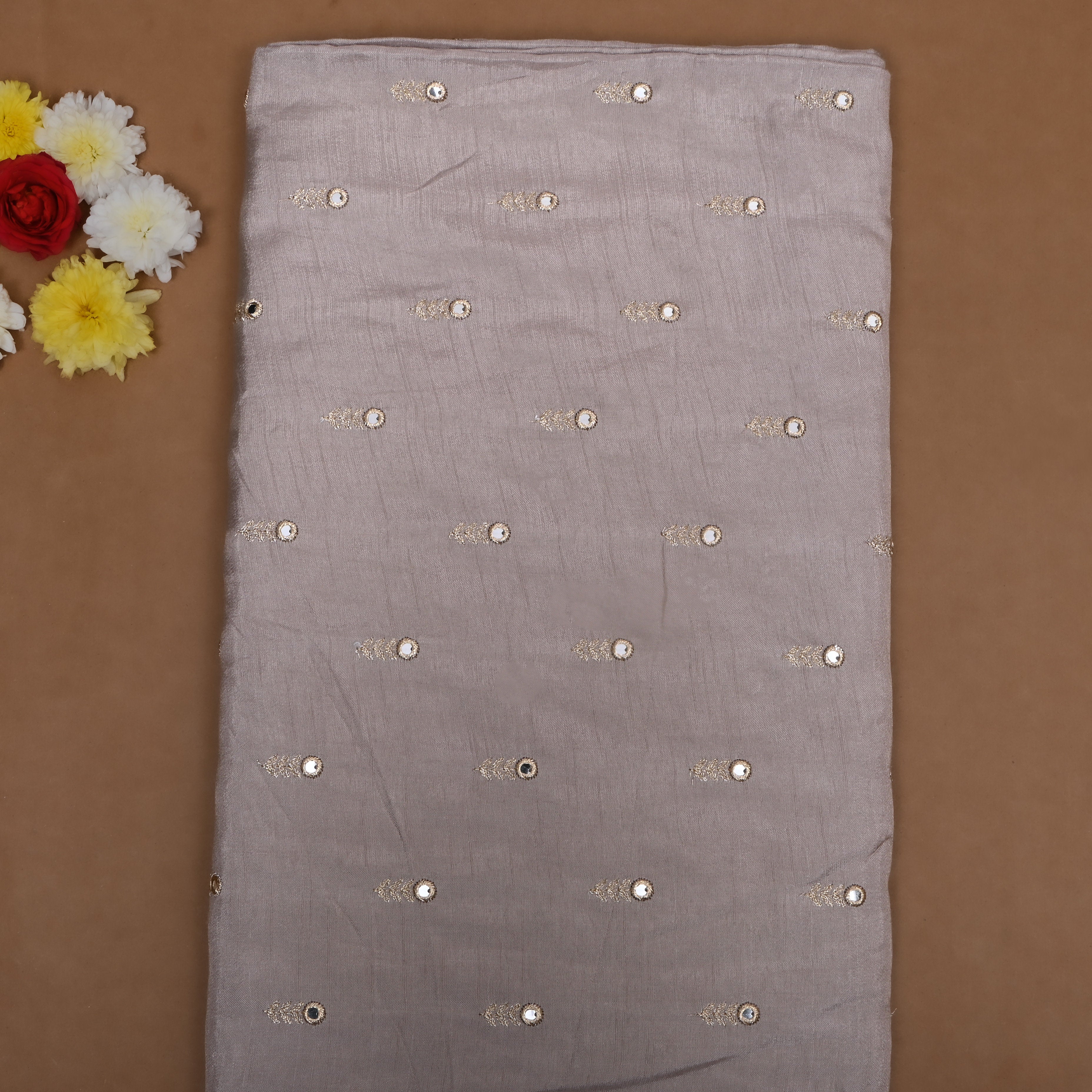 Off White Mirror Embroidered Silk Fabric