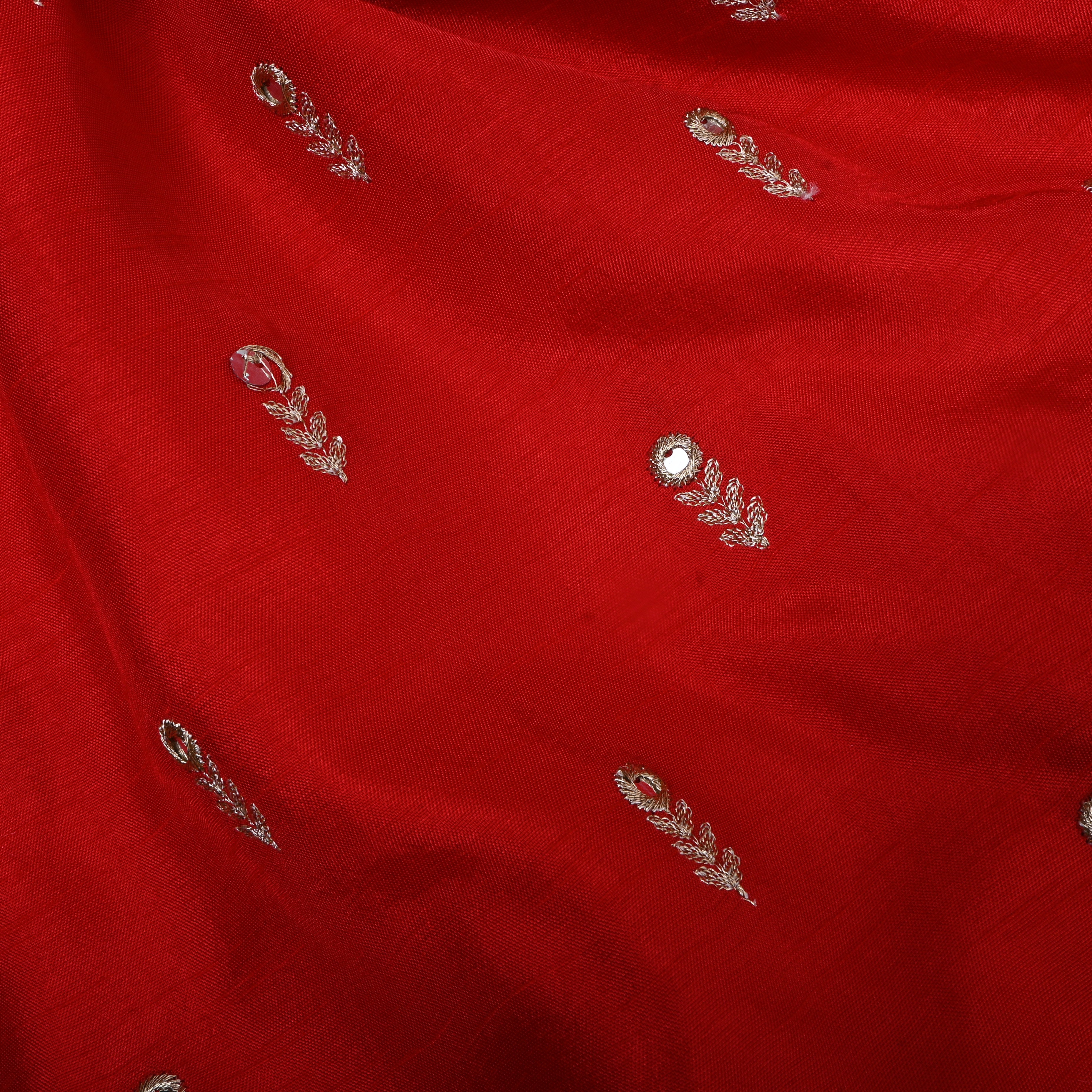 Cherry Red Floral Embroidered Silk Fabric