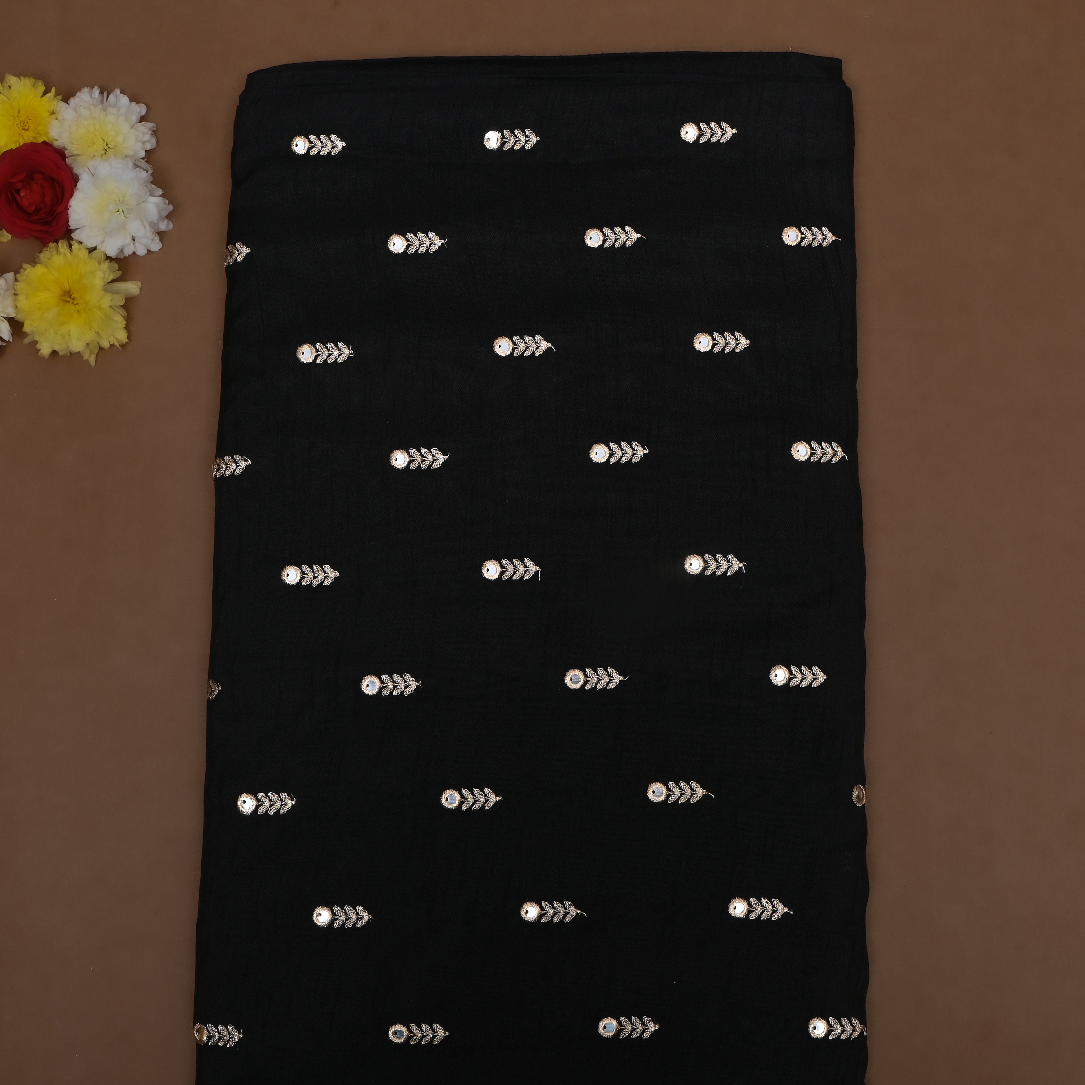 Black Floral Embroidered Silk Fabric