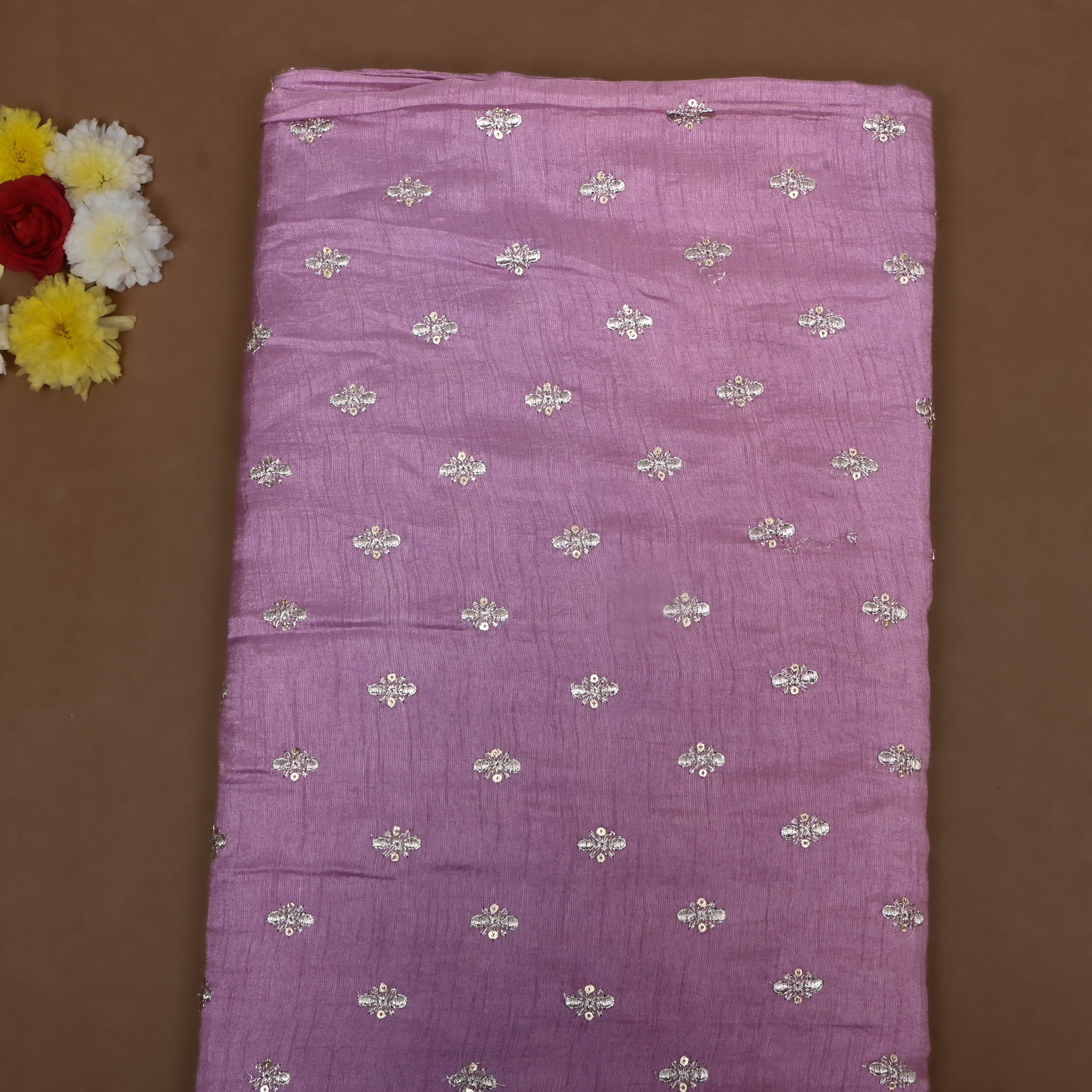 Lavender Floral Zari Embroidered Silk Fabric