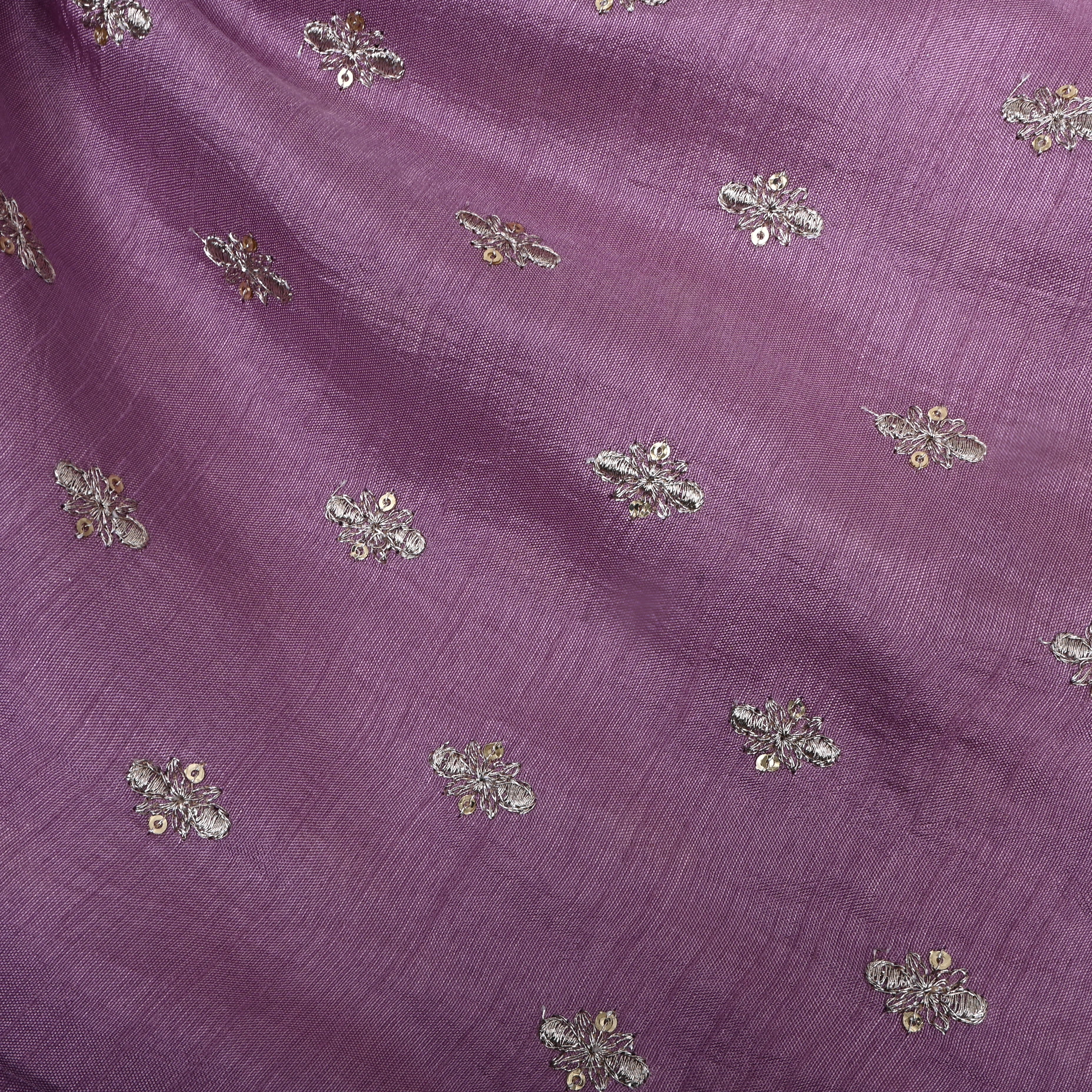 Lavender Floral Zari Embroidered Silk Fabric