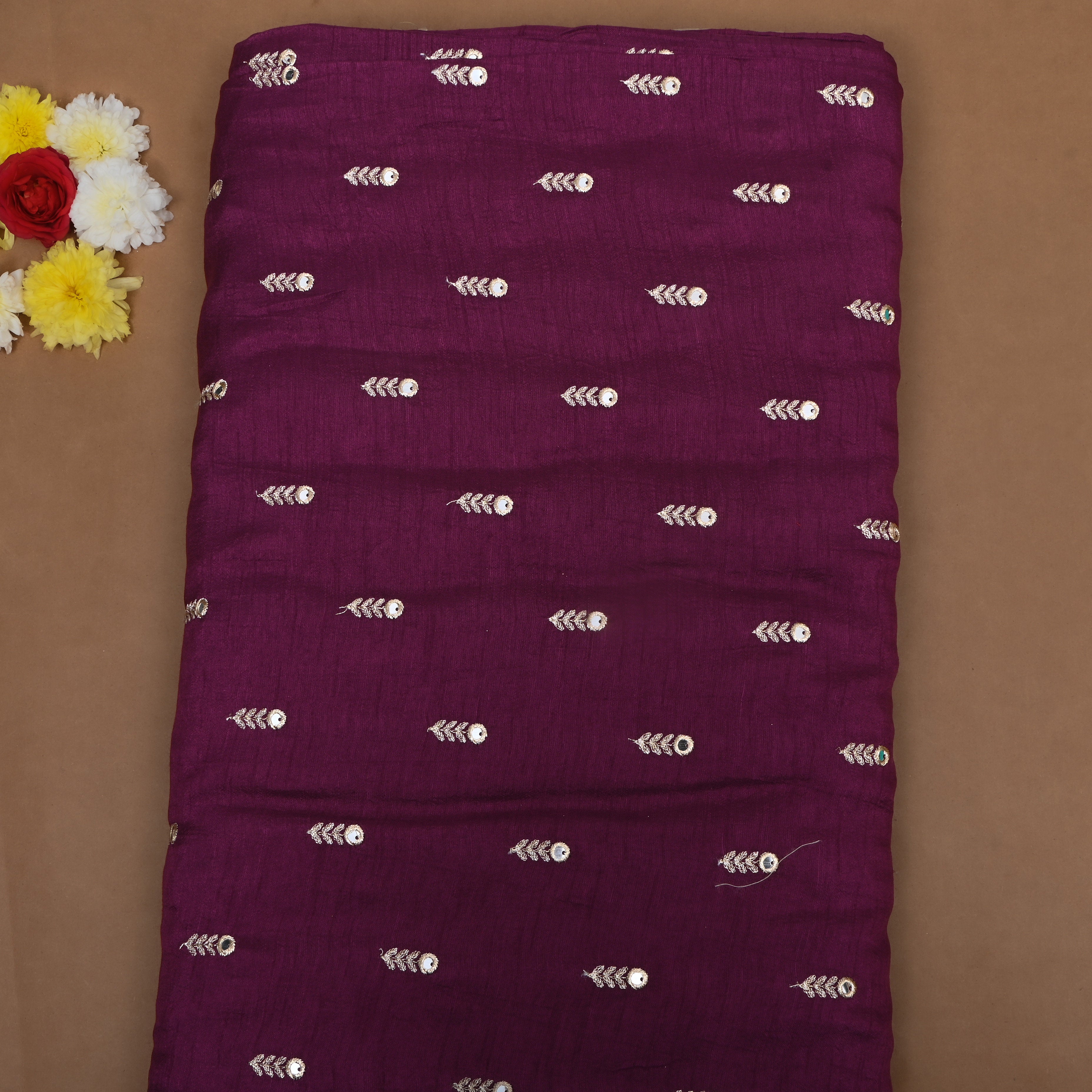 Plum Purple Floral Embroidered Silk Fabric
