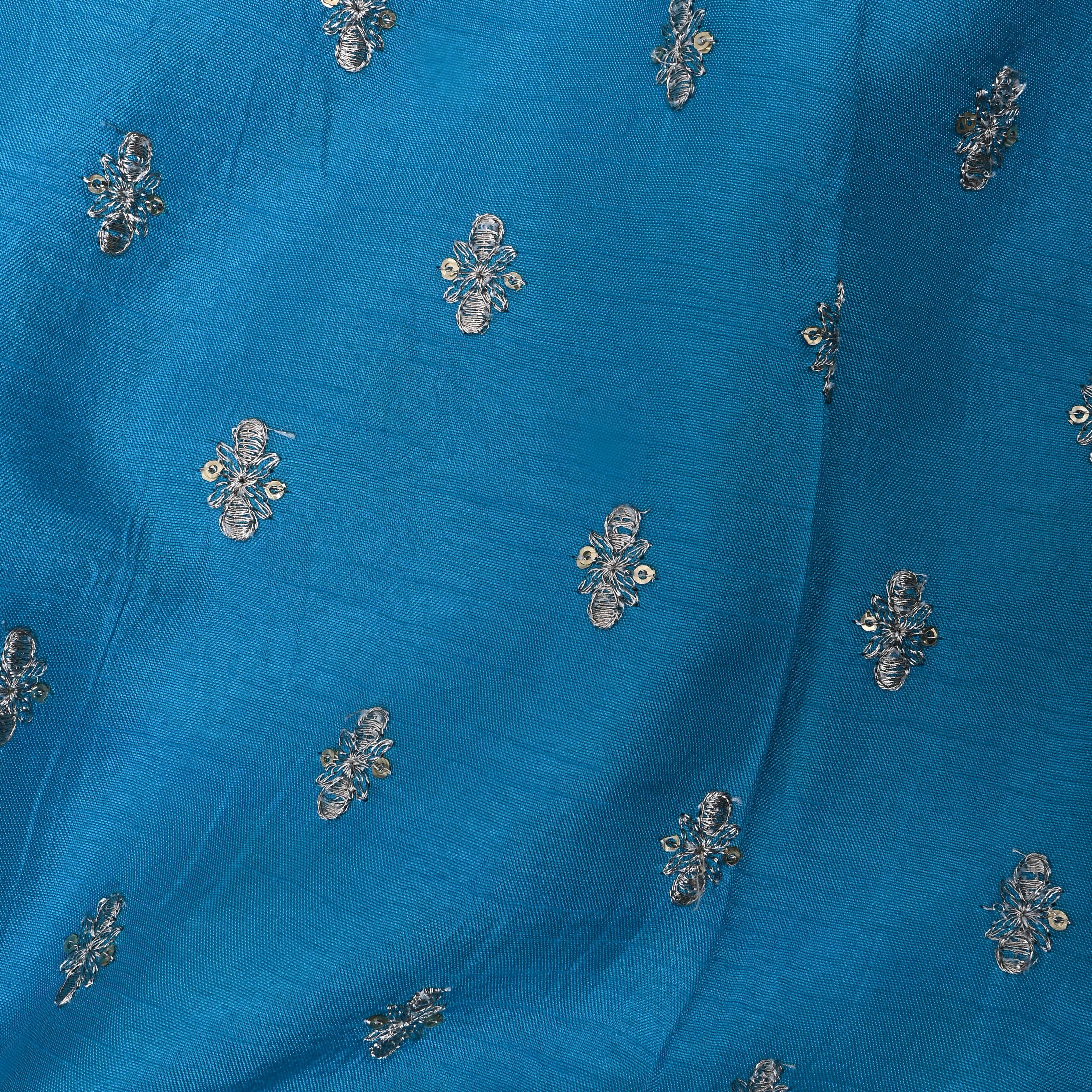 Turquoise Blue Floral Zari Embroidered Silk Fabric