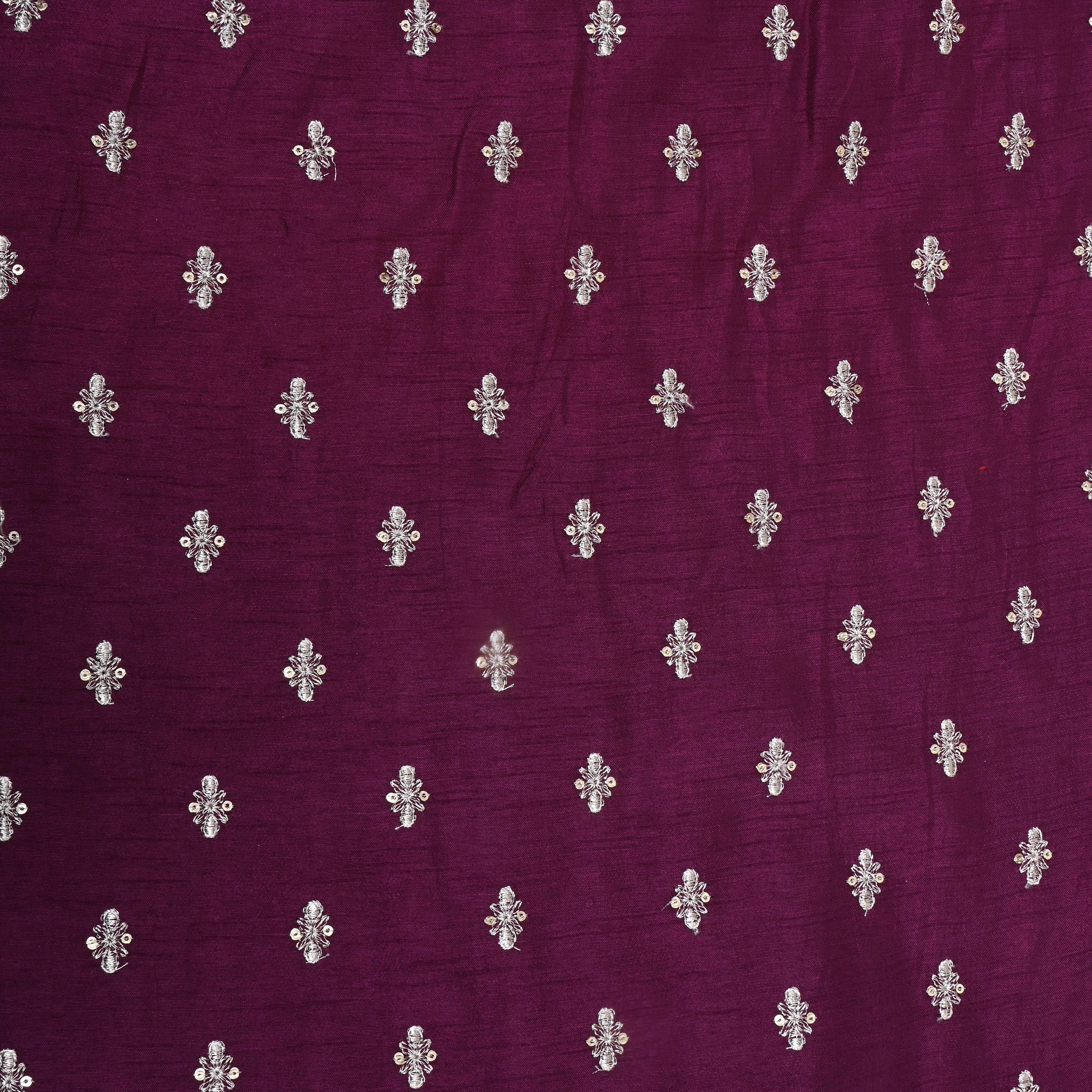 Plum Purple Floral Zari Embroidered Silk Fabric