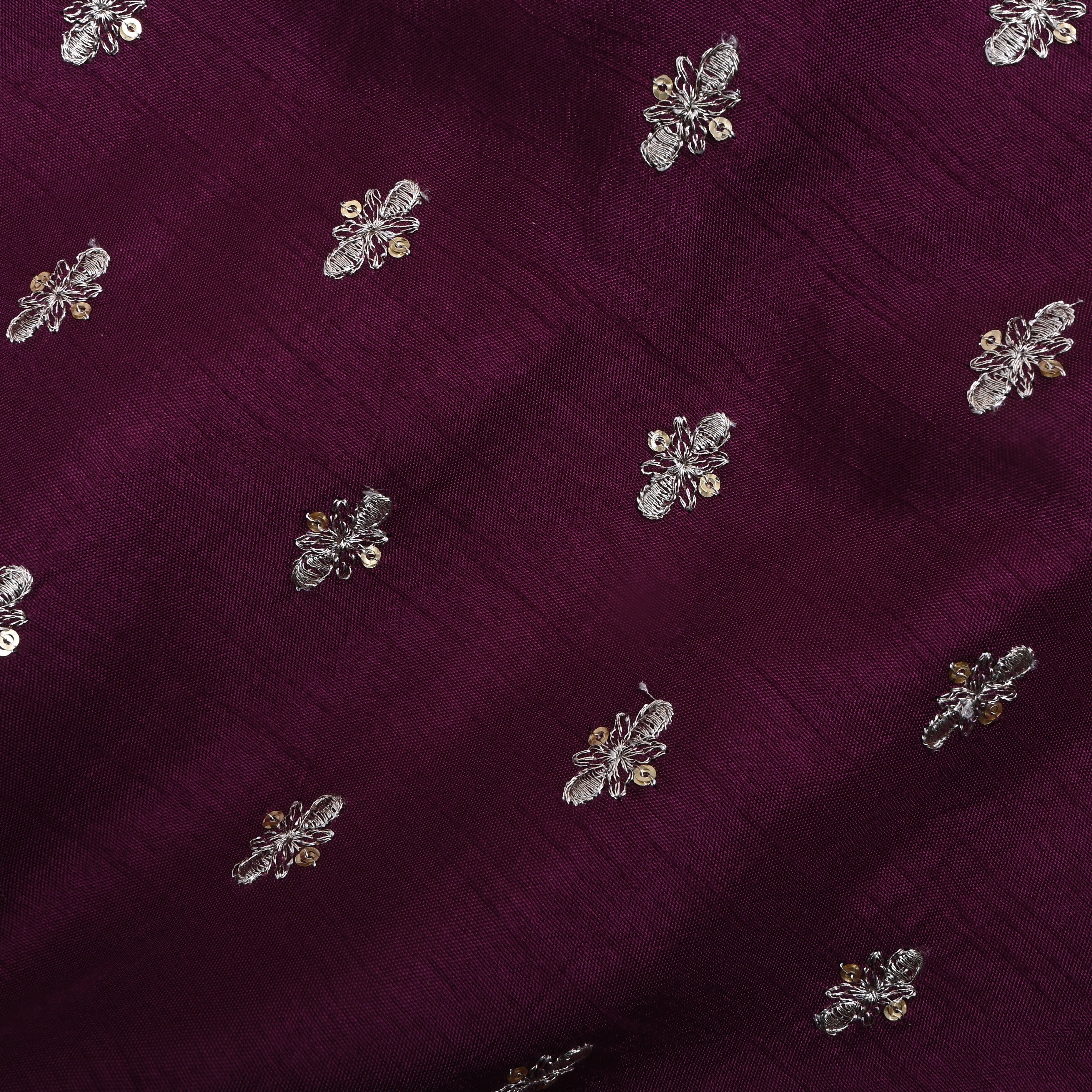 Plum Purple Floral Zari Embroidered Silk Fabric