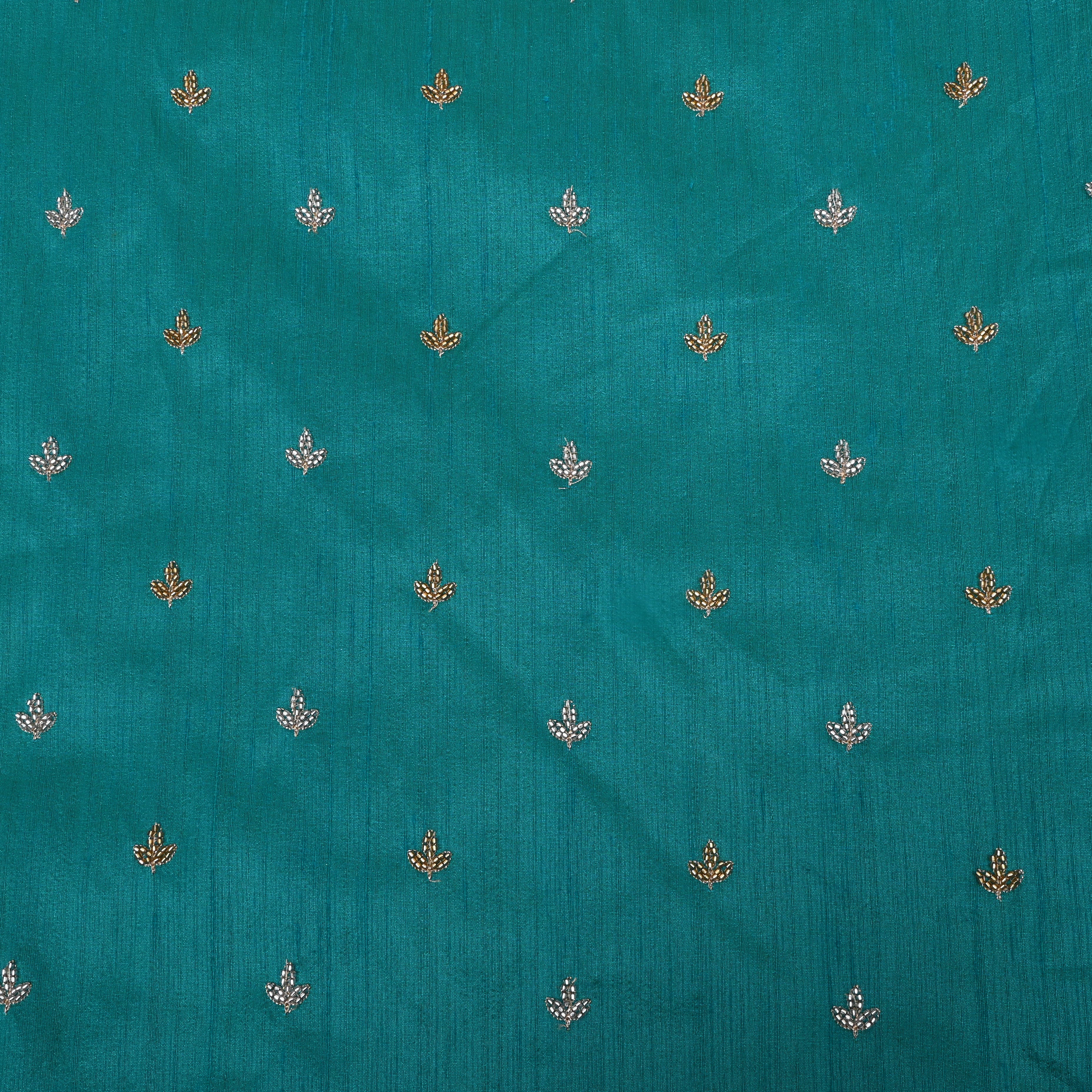 Teal Blue Floral Embroidered Dupion Silk Fabric