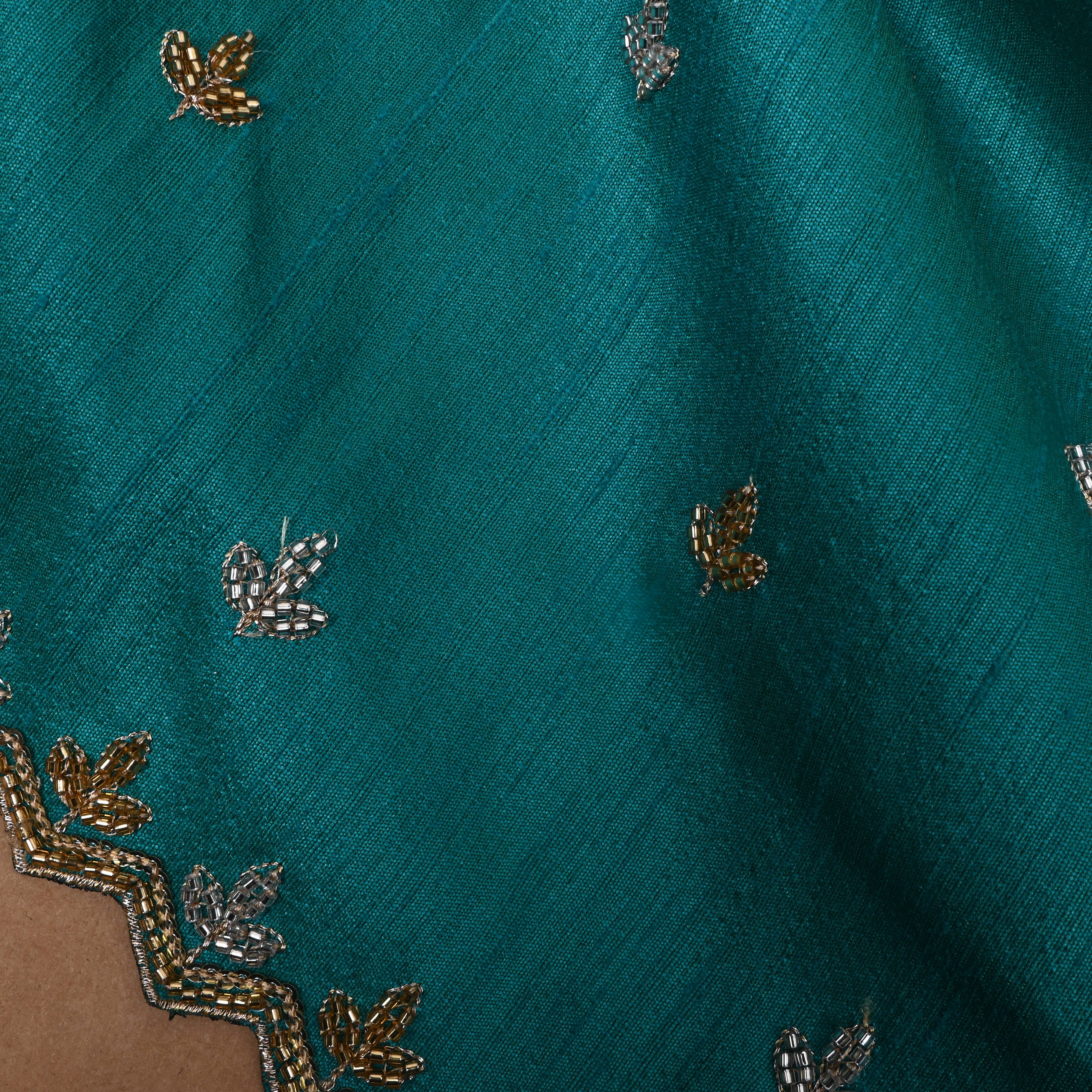 Teal Blue Floral Embroidered Dupion Silk Fabric