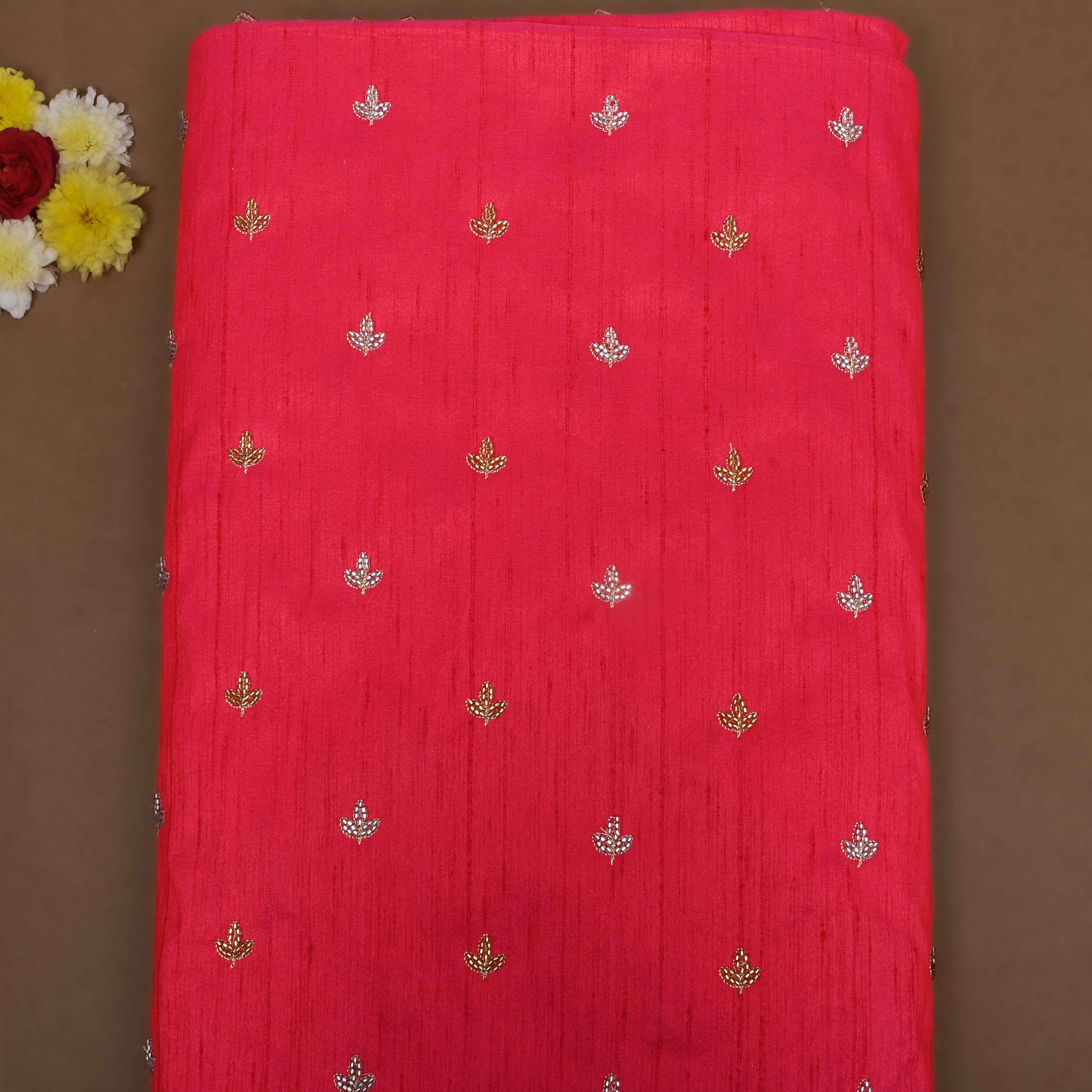 Bright Pink Floral Embroidered Dupion Silk Fabric
