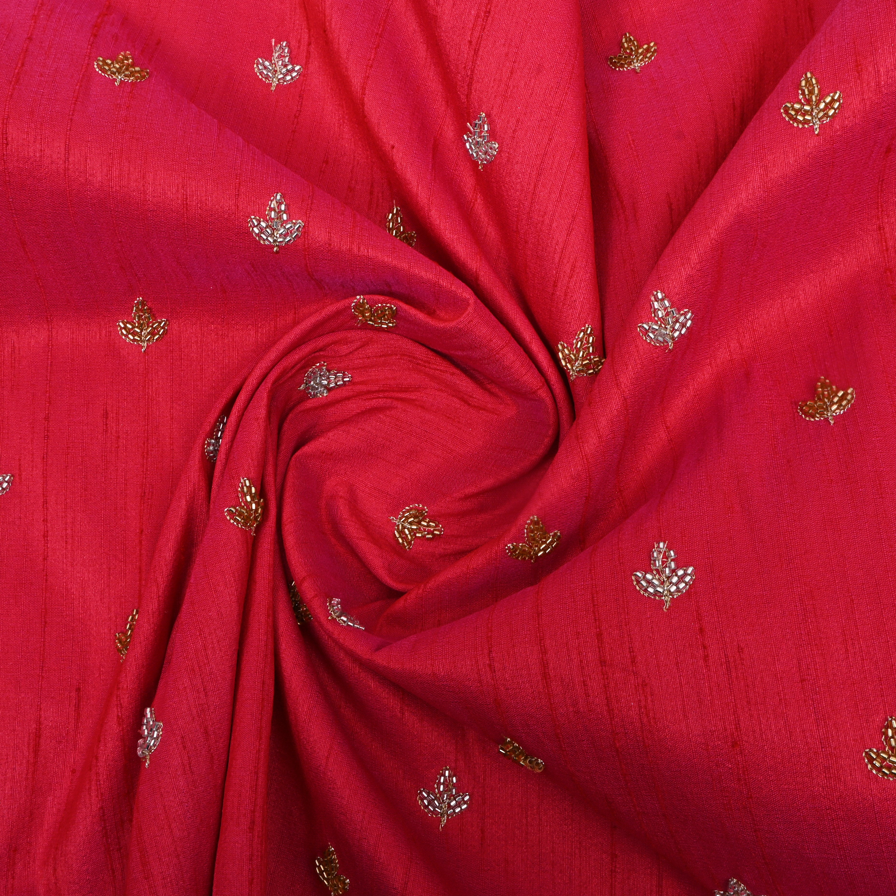 Bright Pink Floral Embroidered Dupion Silk Fabric
