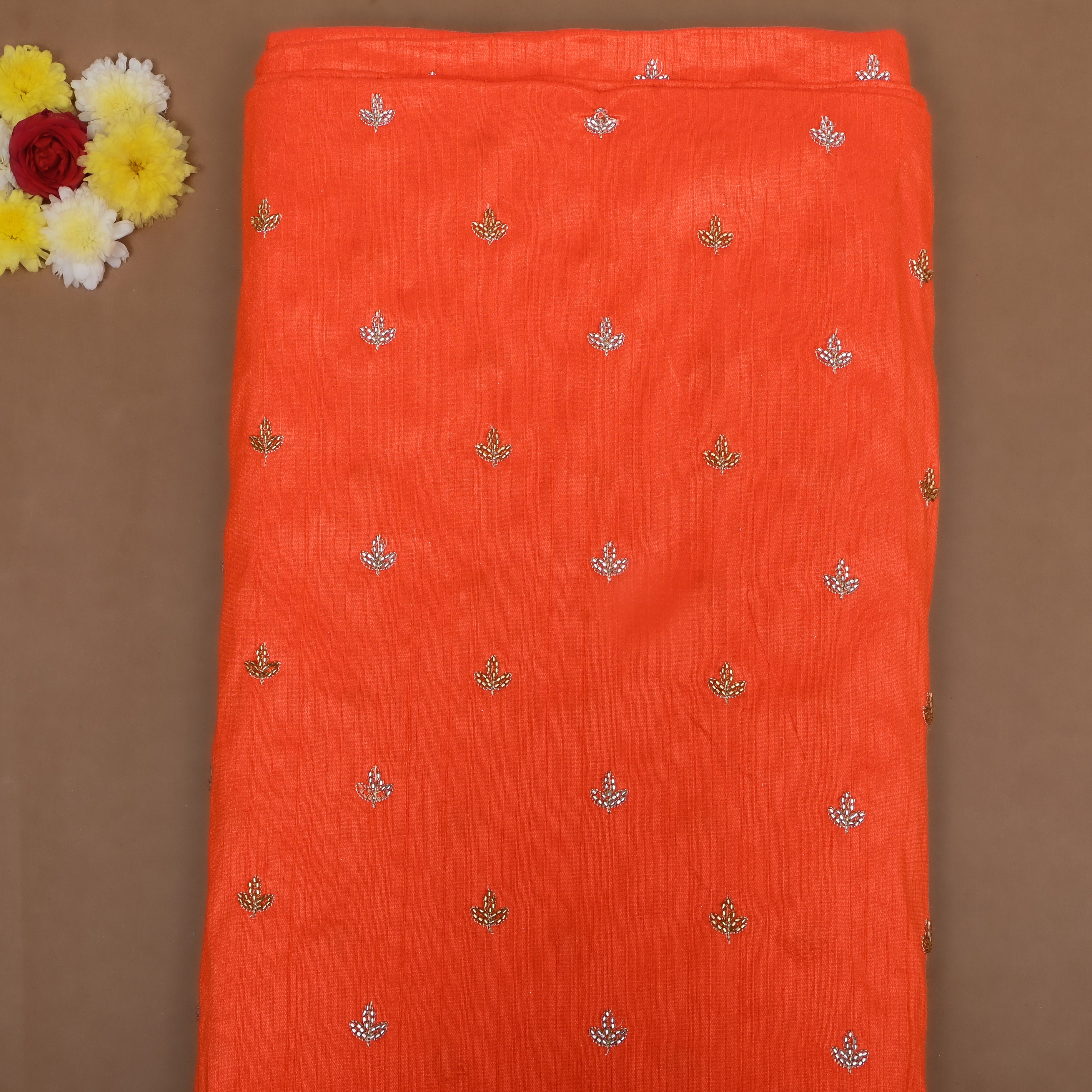 Bright Orange Floral Embroidered Dupion Silk Fabric