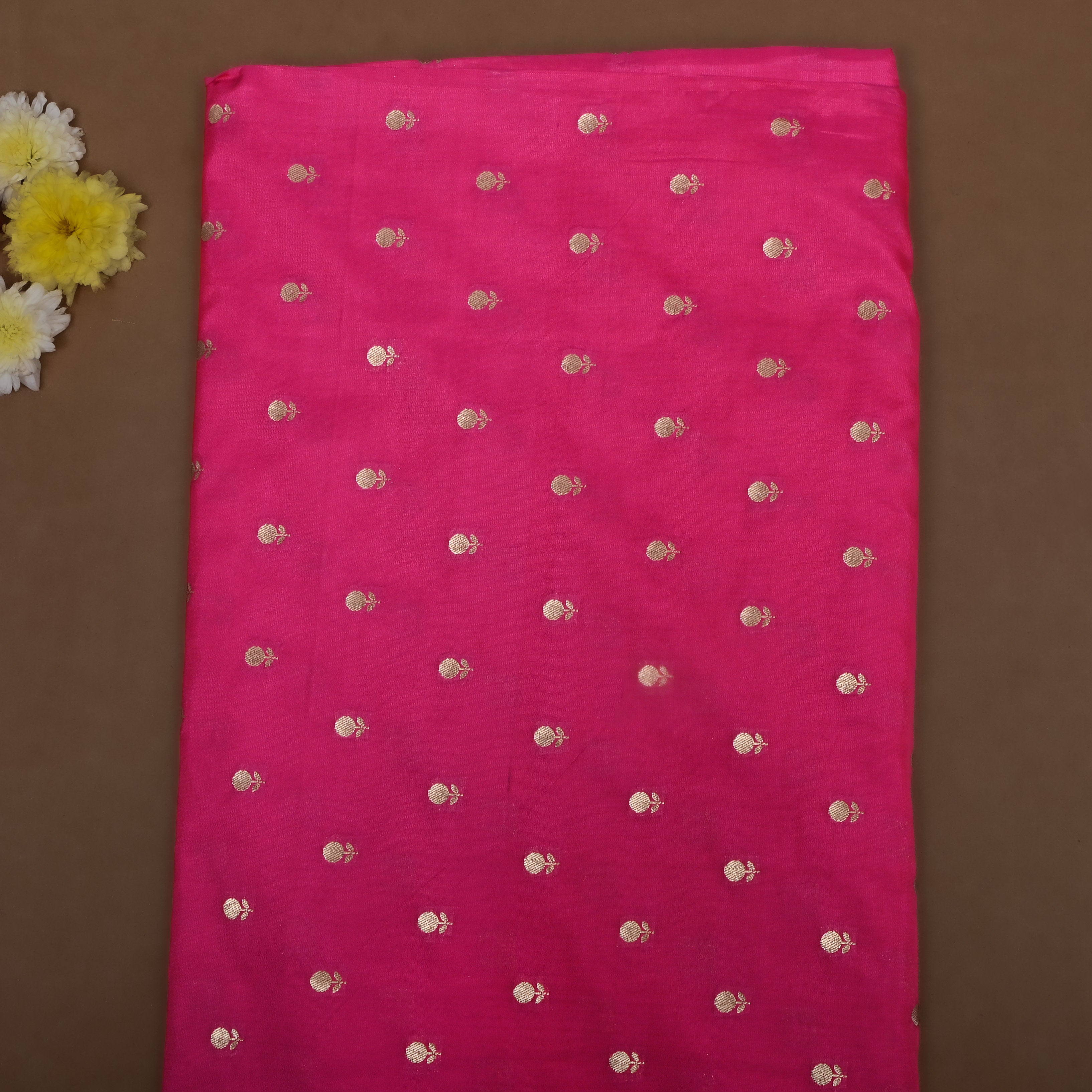 Deep Pink Zari Buttis On Jamawar Silk Fabric
