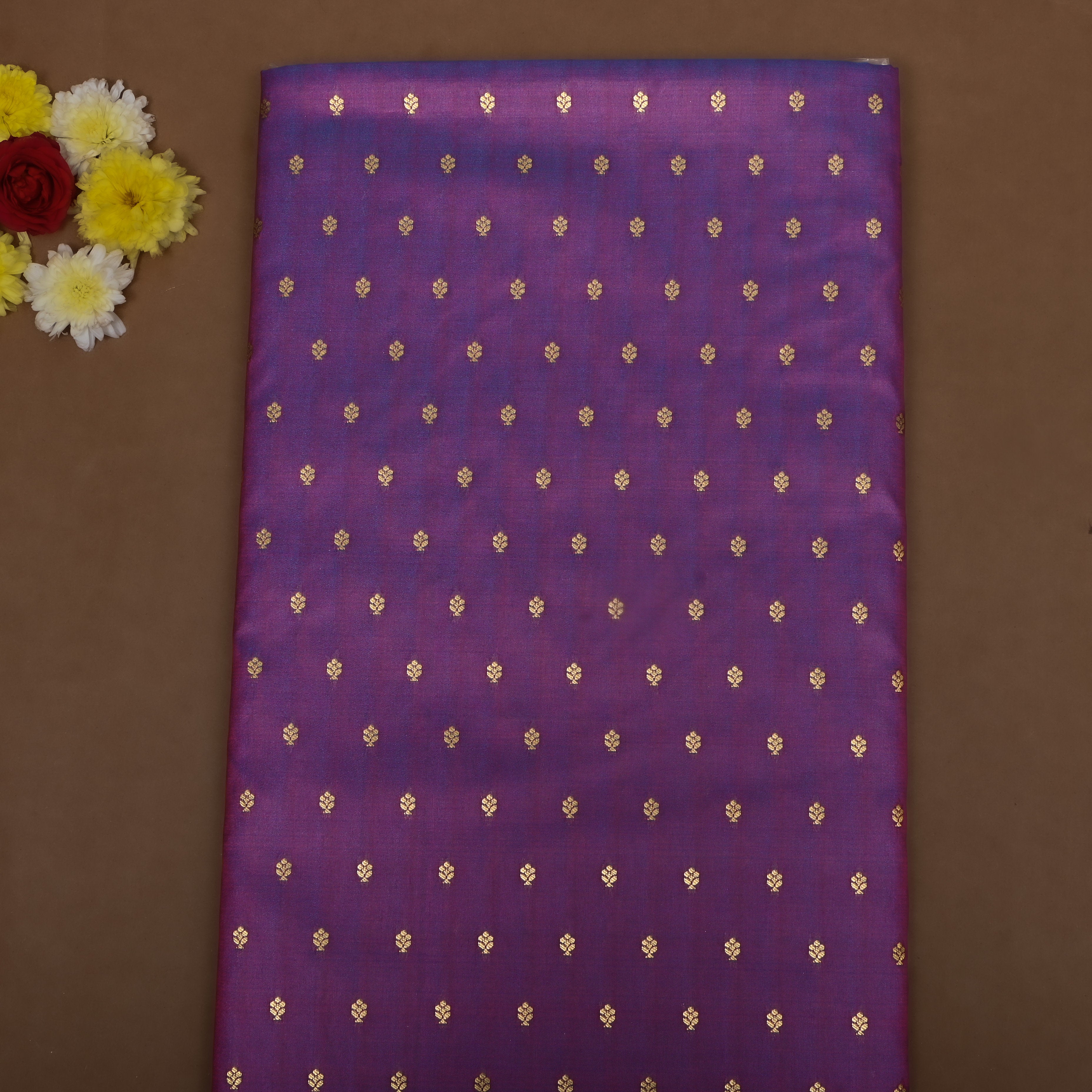 Eggplant Purple Floral Zari Jamawar Silk Fabric