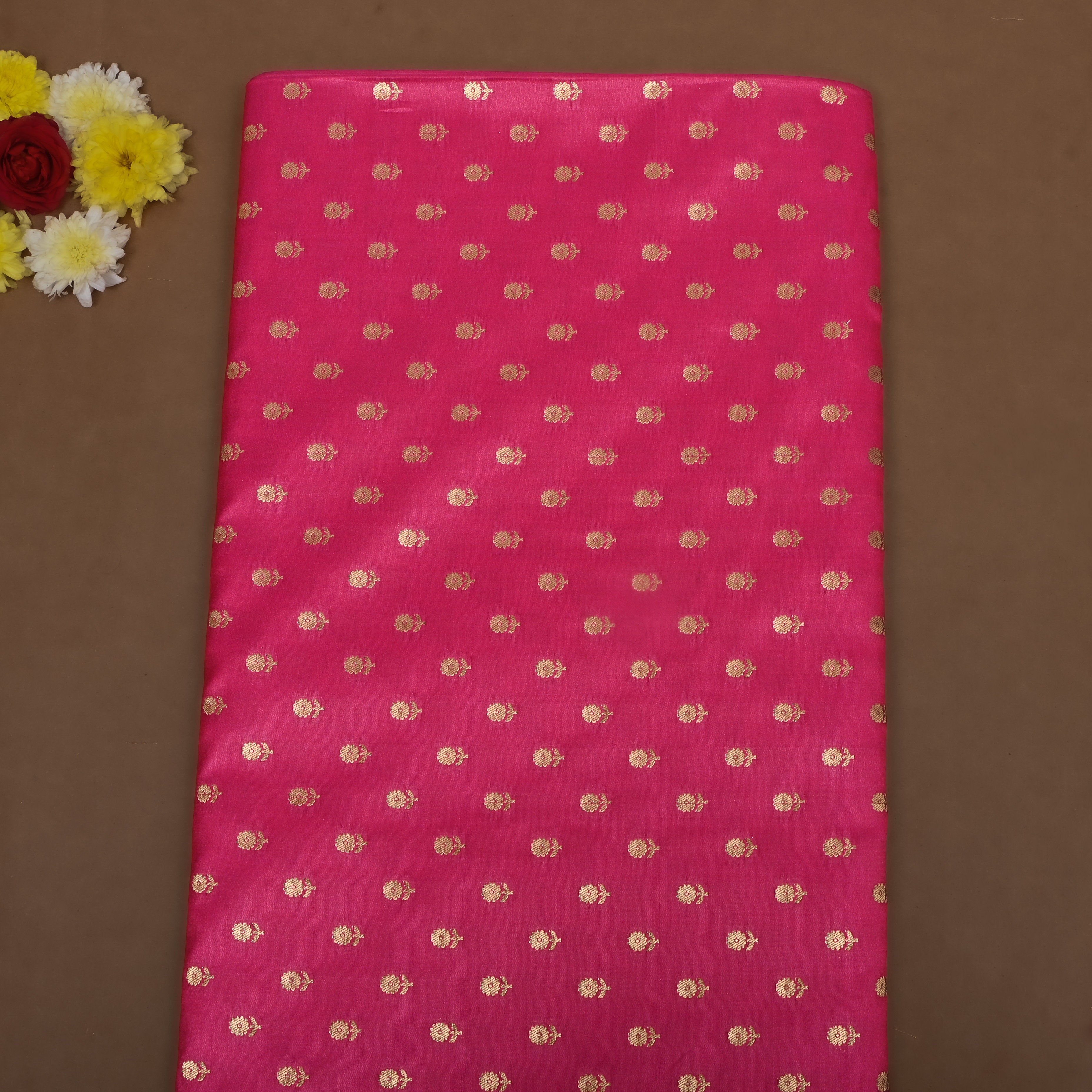 Bright Pink Floral Jamawar Silk Fabric