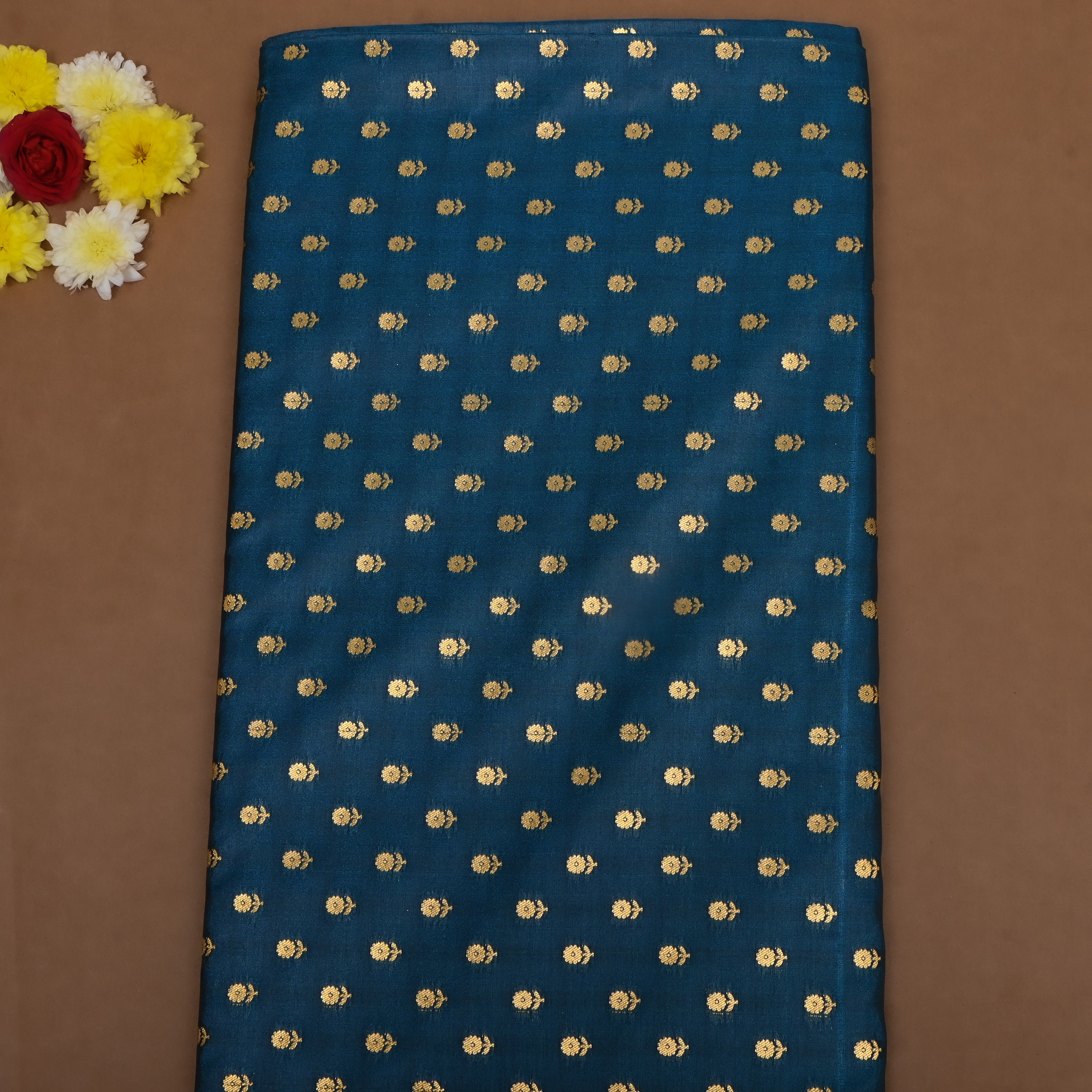 Peacock Blue Floral Jamawar Silk Fabric