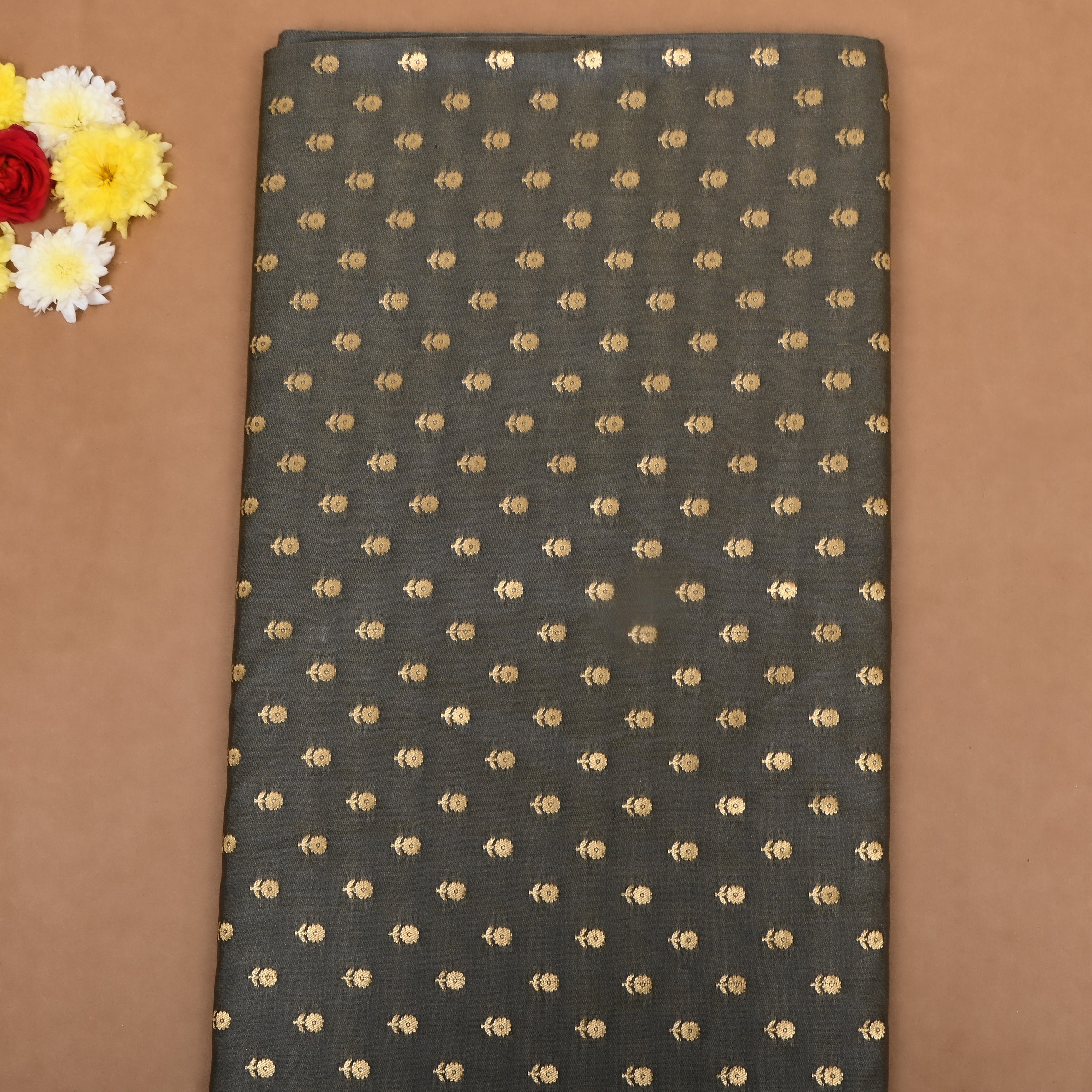 Charcoal Grey Floral Jamawar Silk Fabric