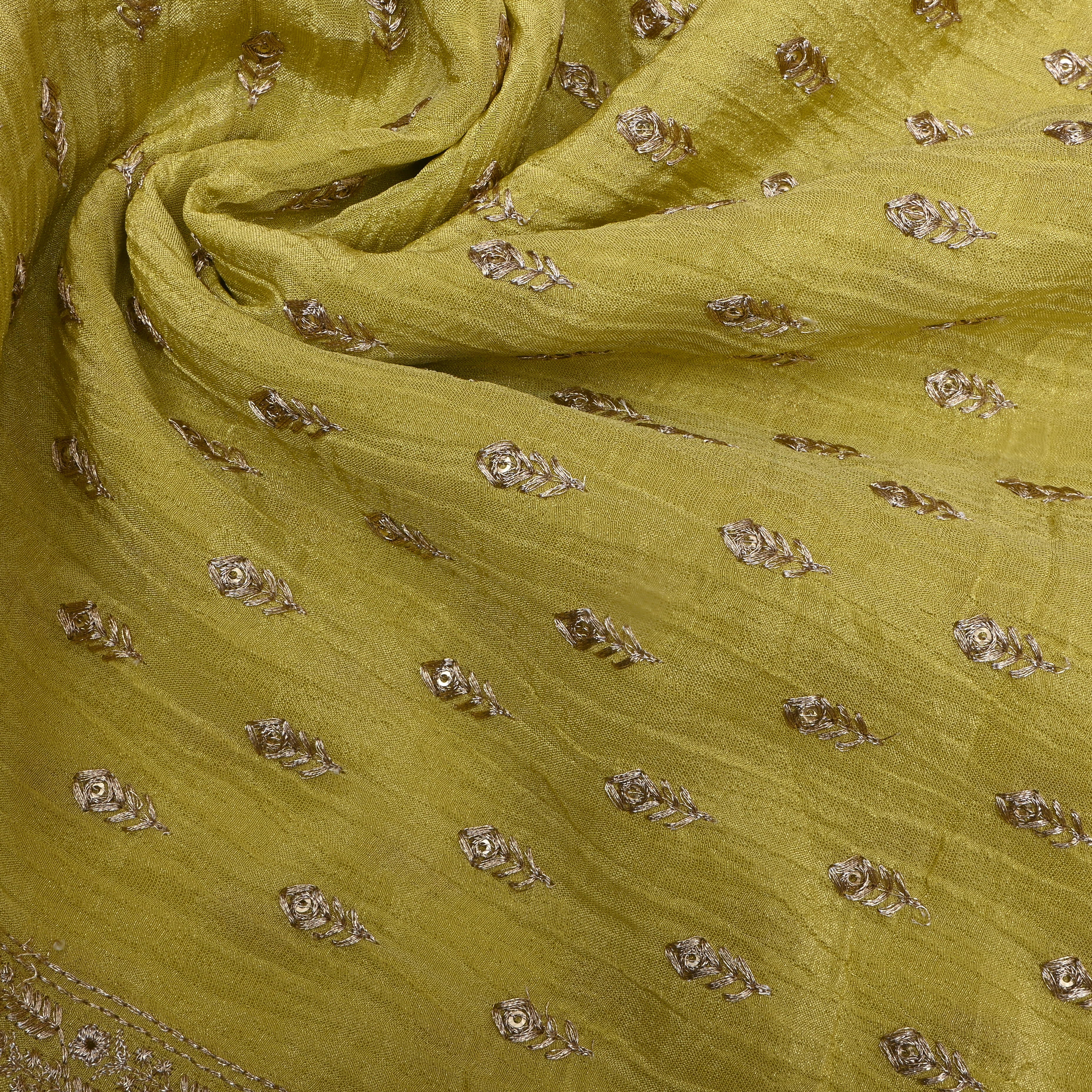 Lime Yellow Zari Embroidery Tissue Fabric