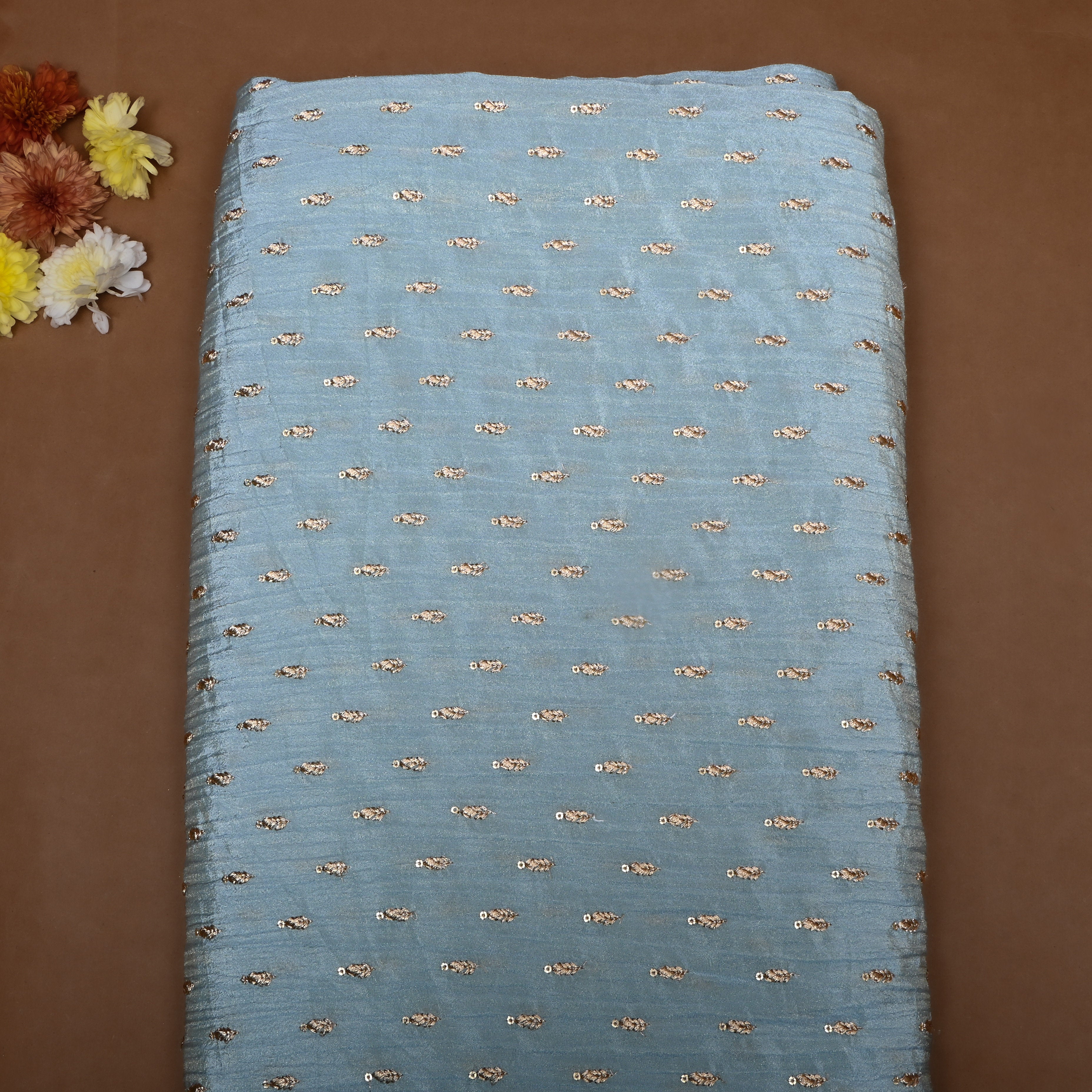 Pale Gray Zari Embroidery Tissue Fabric