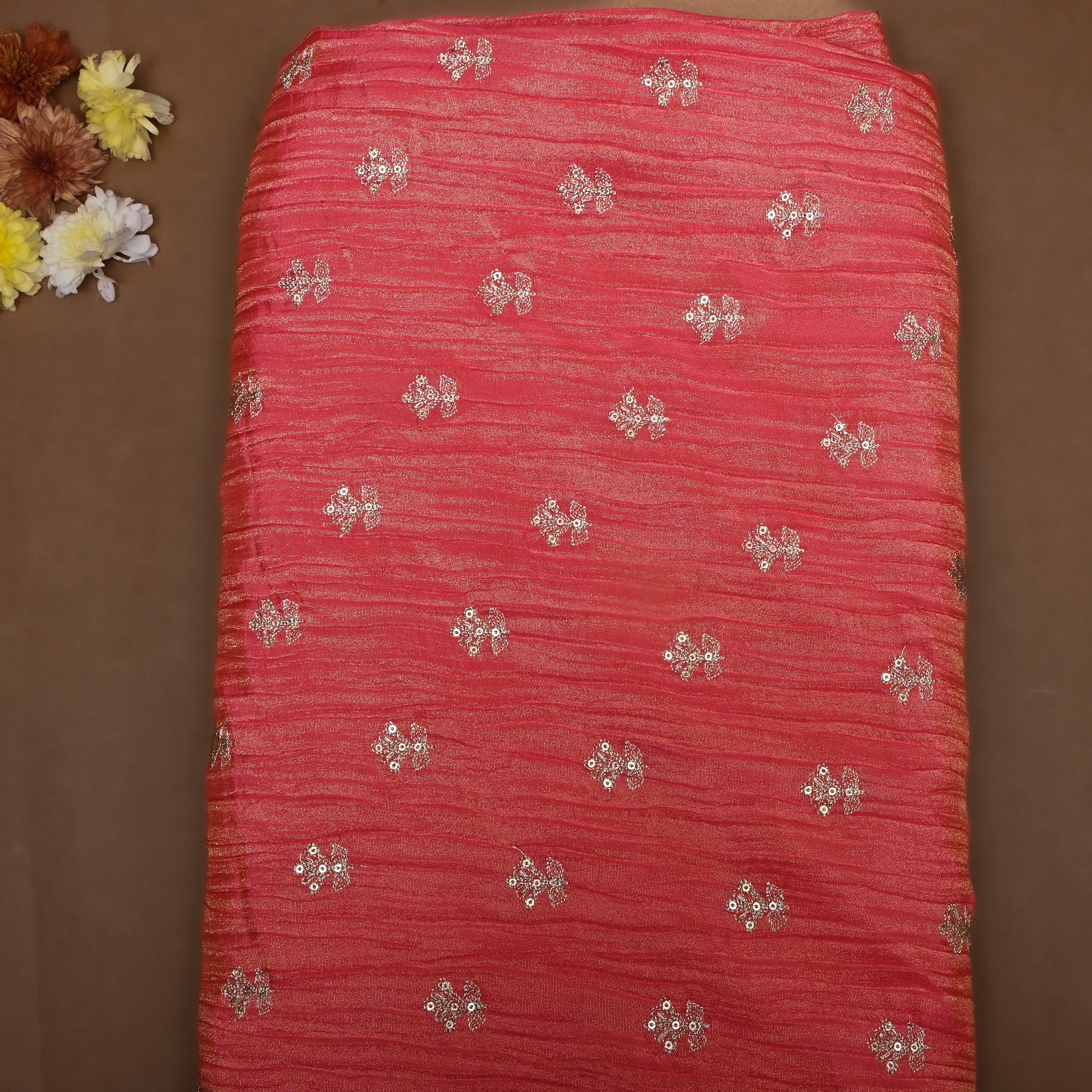 Crimson Pink Zari Embroidered Tissue Fabric