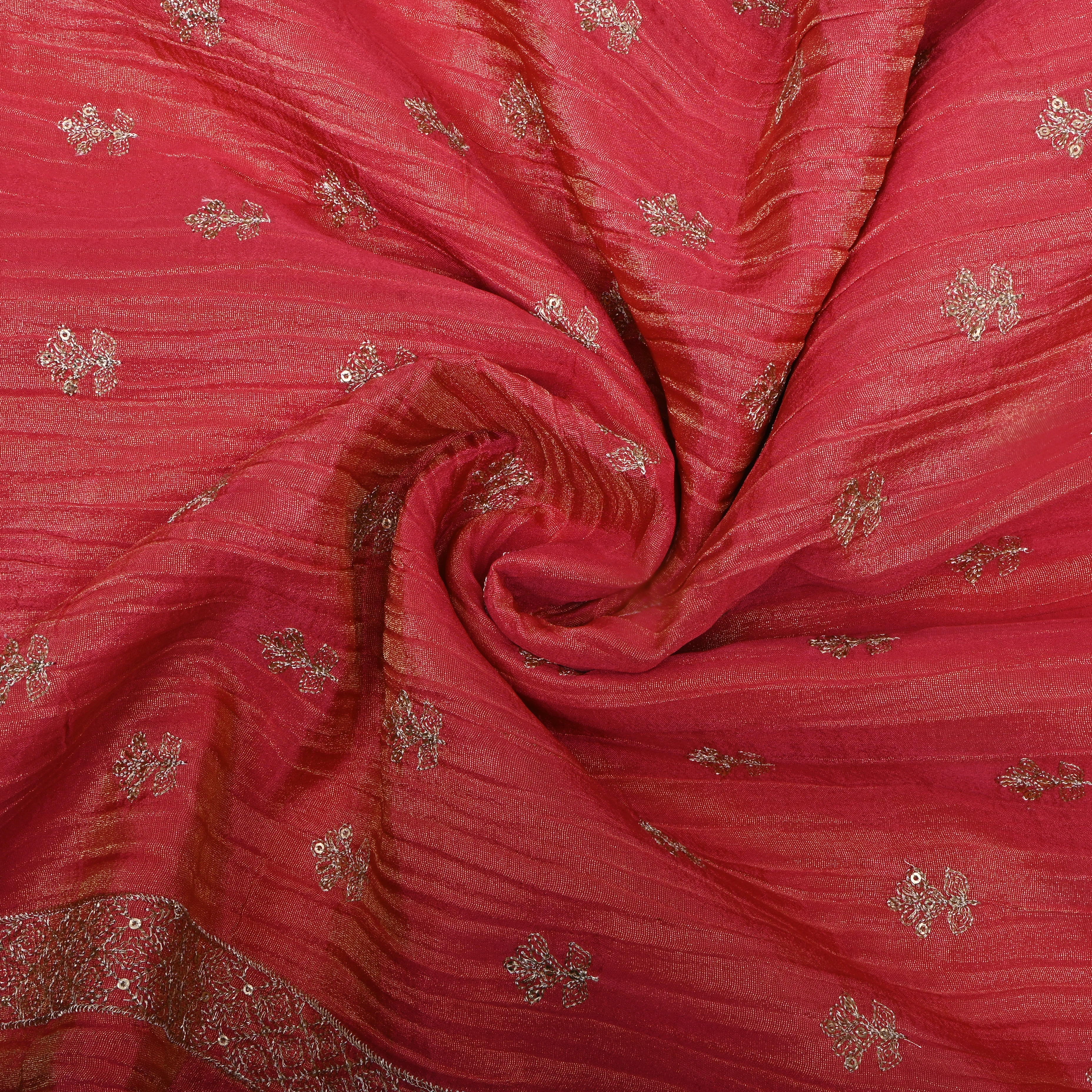 Crimson Pink Zari Embroidered Tissue Fabric