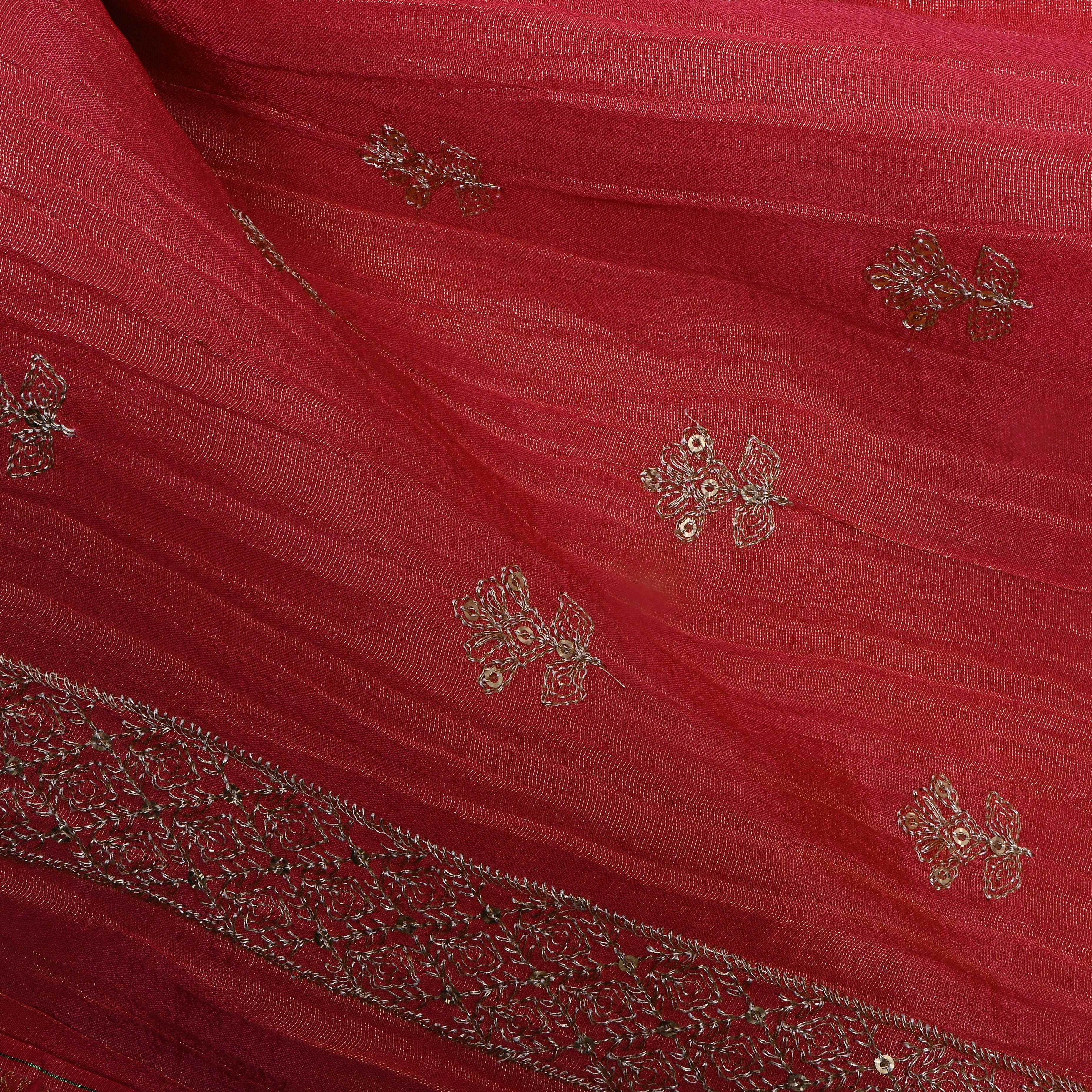 Crimson Pink Zari Embroidered Tissue Fabric