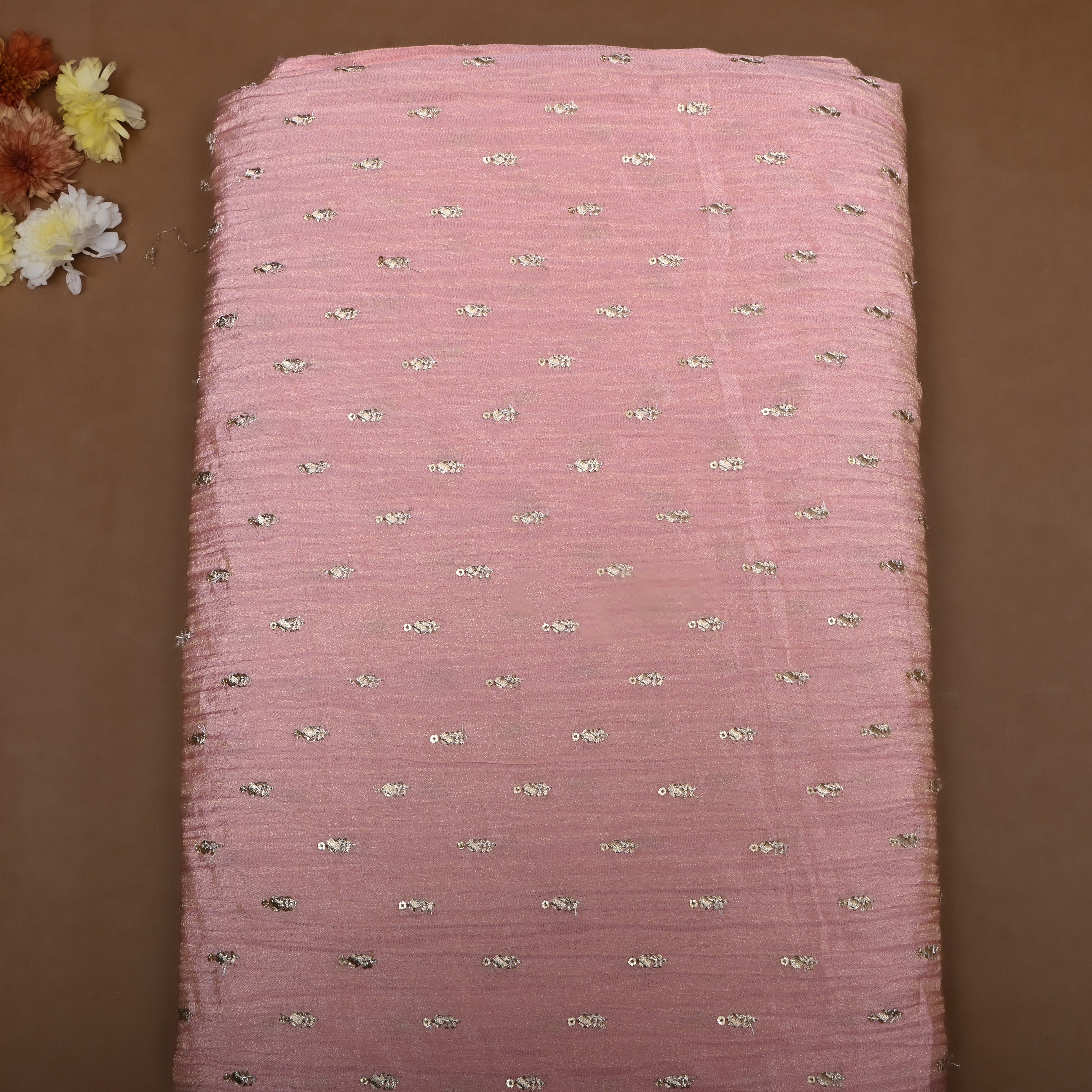 Pastel Cotton Pink Zari Embroidery Tissue Fabric