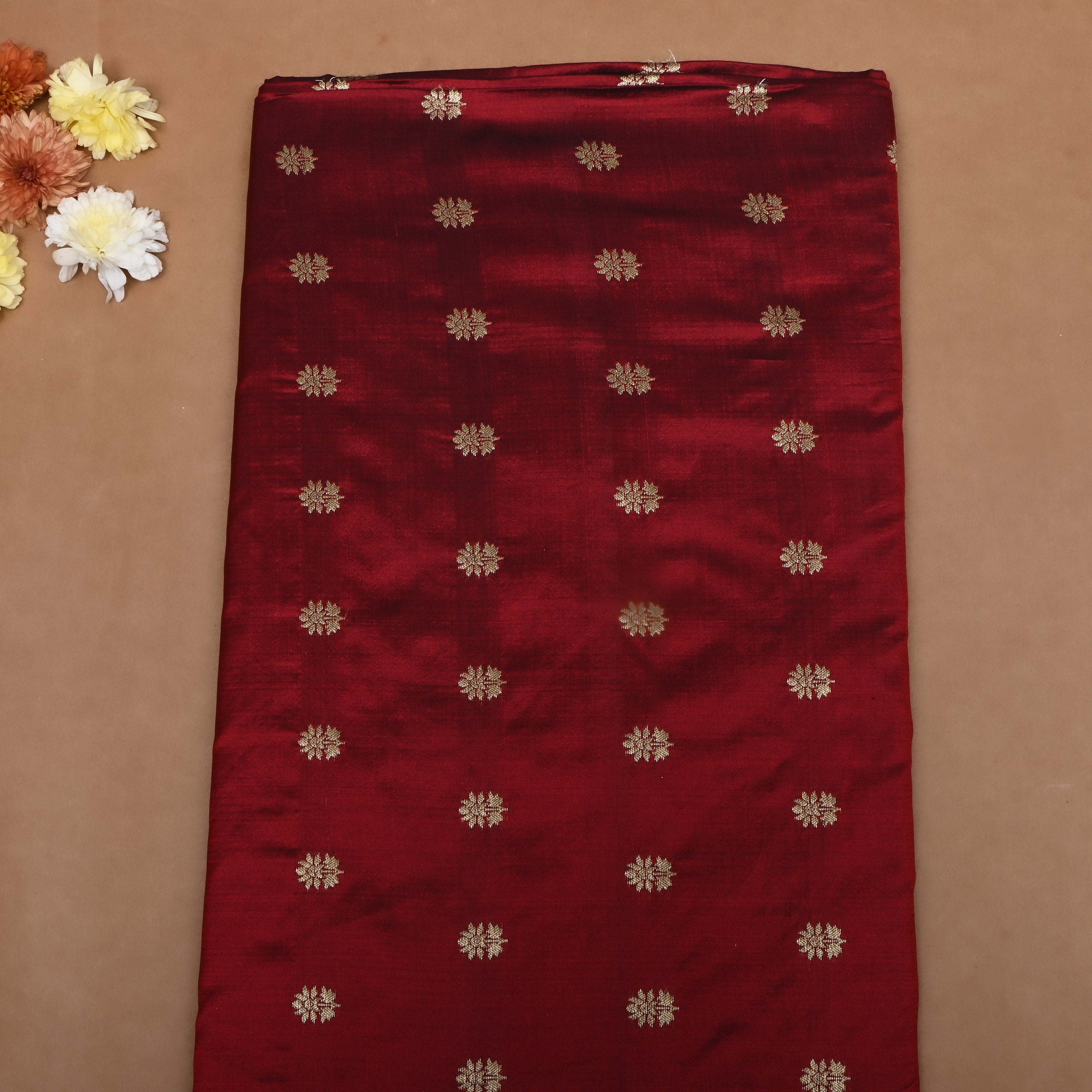 Burgundy Floral Zari Jamawar Silk Fabric