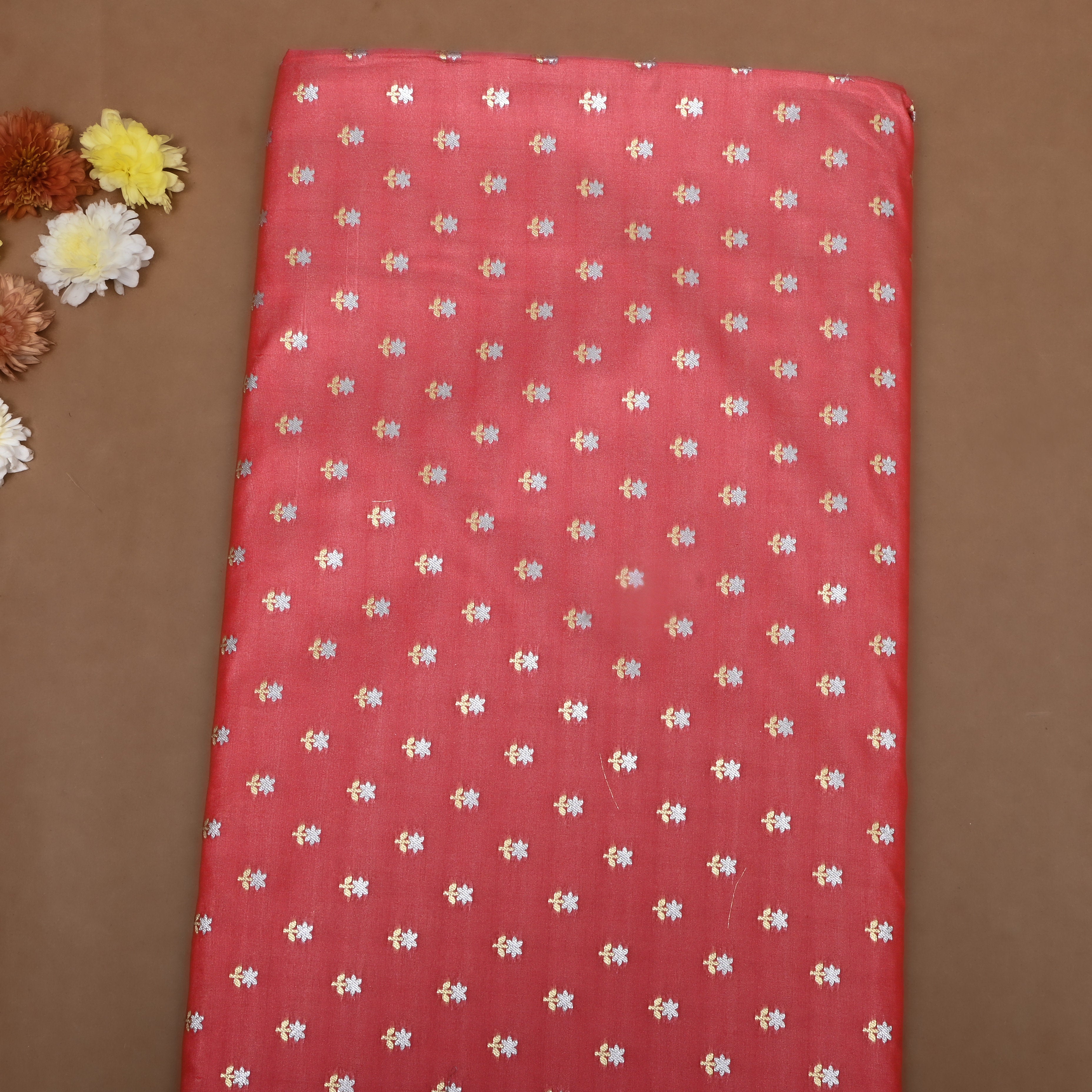 Cranberry Pink Floral Jamawar Silk Fabric