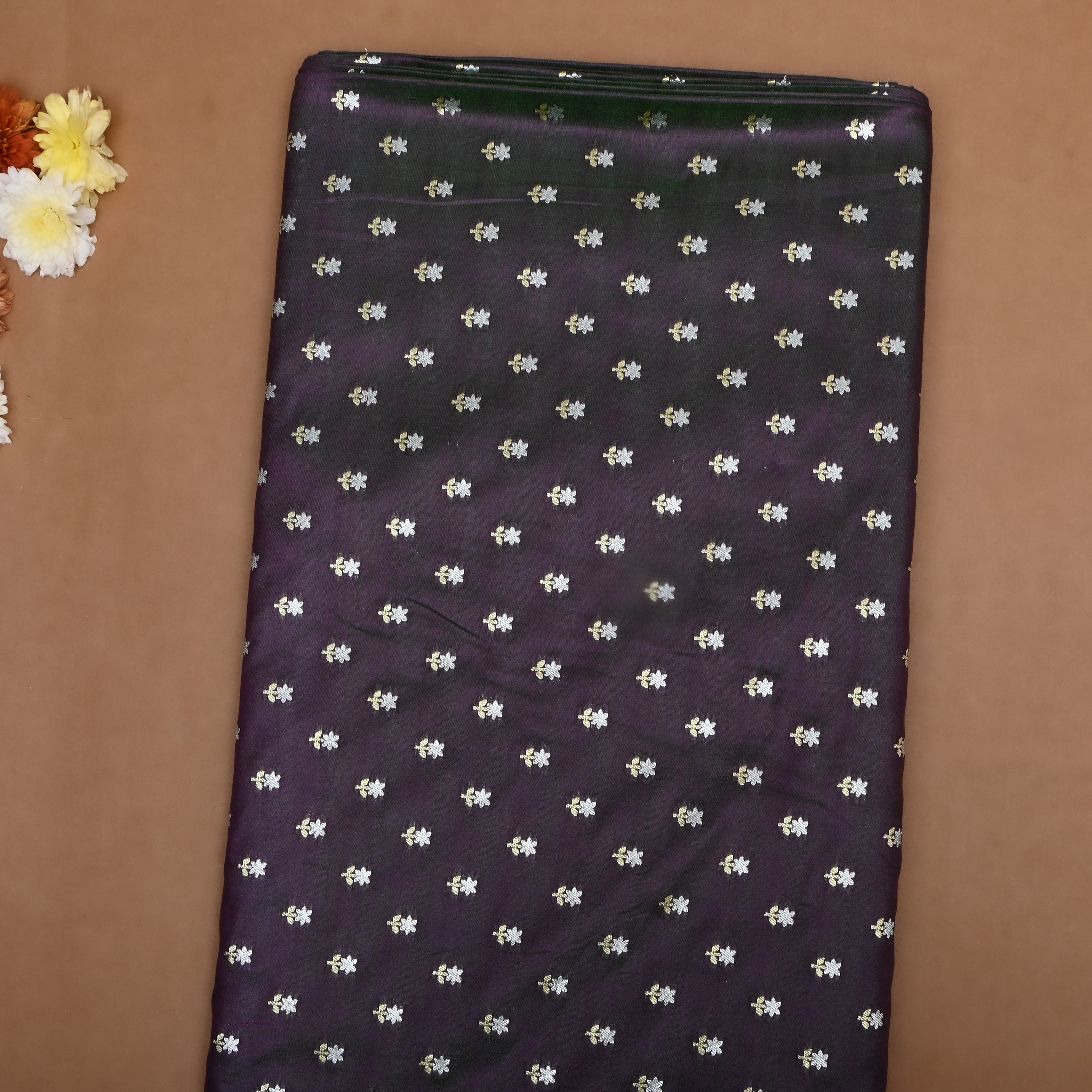 Deep Plum Purple Floral Jamawar Silk Fabric