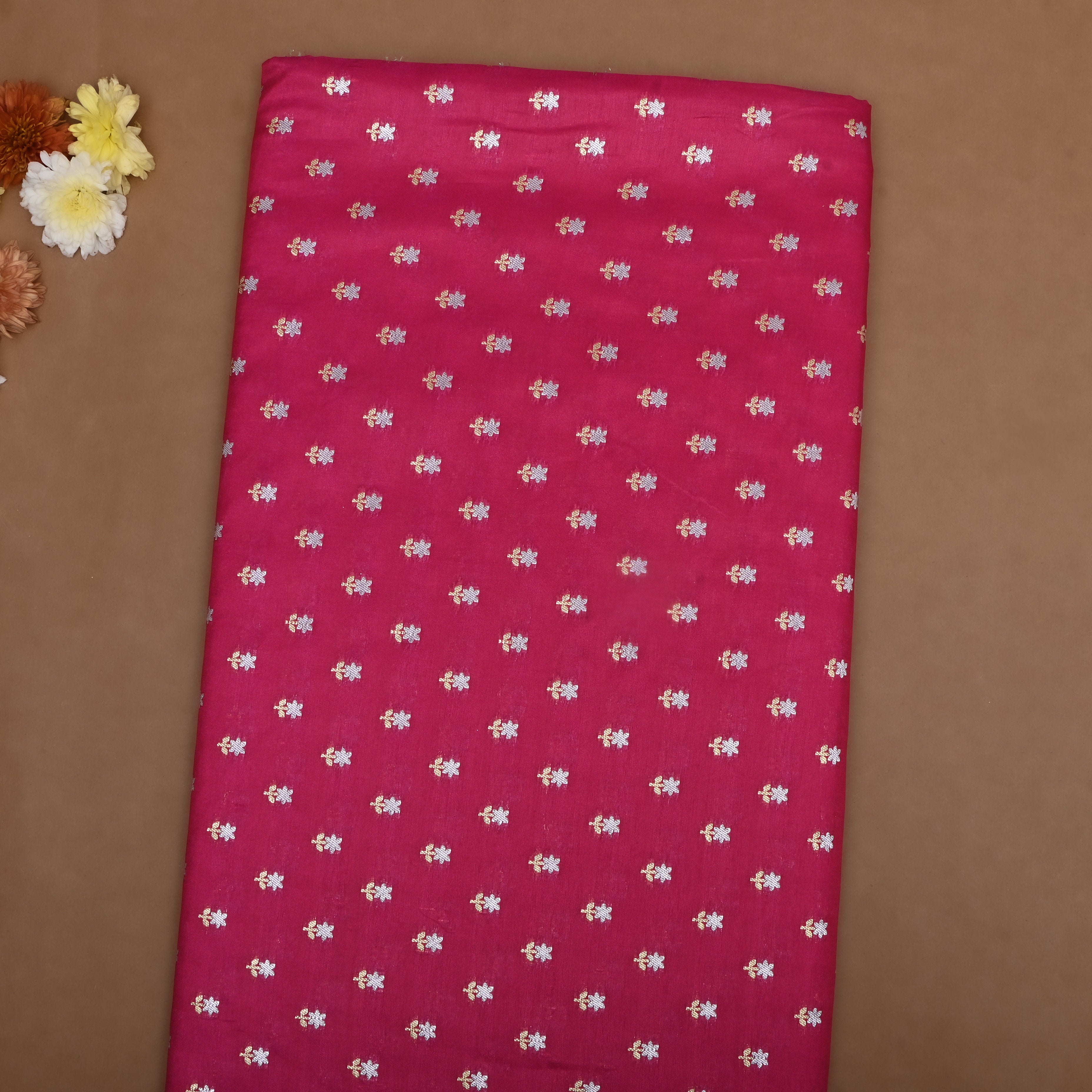 Bright Pink Floral Jamawar Silk Fabric