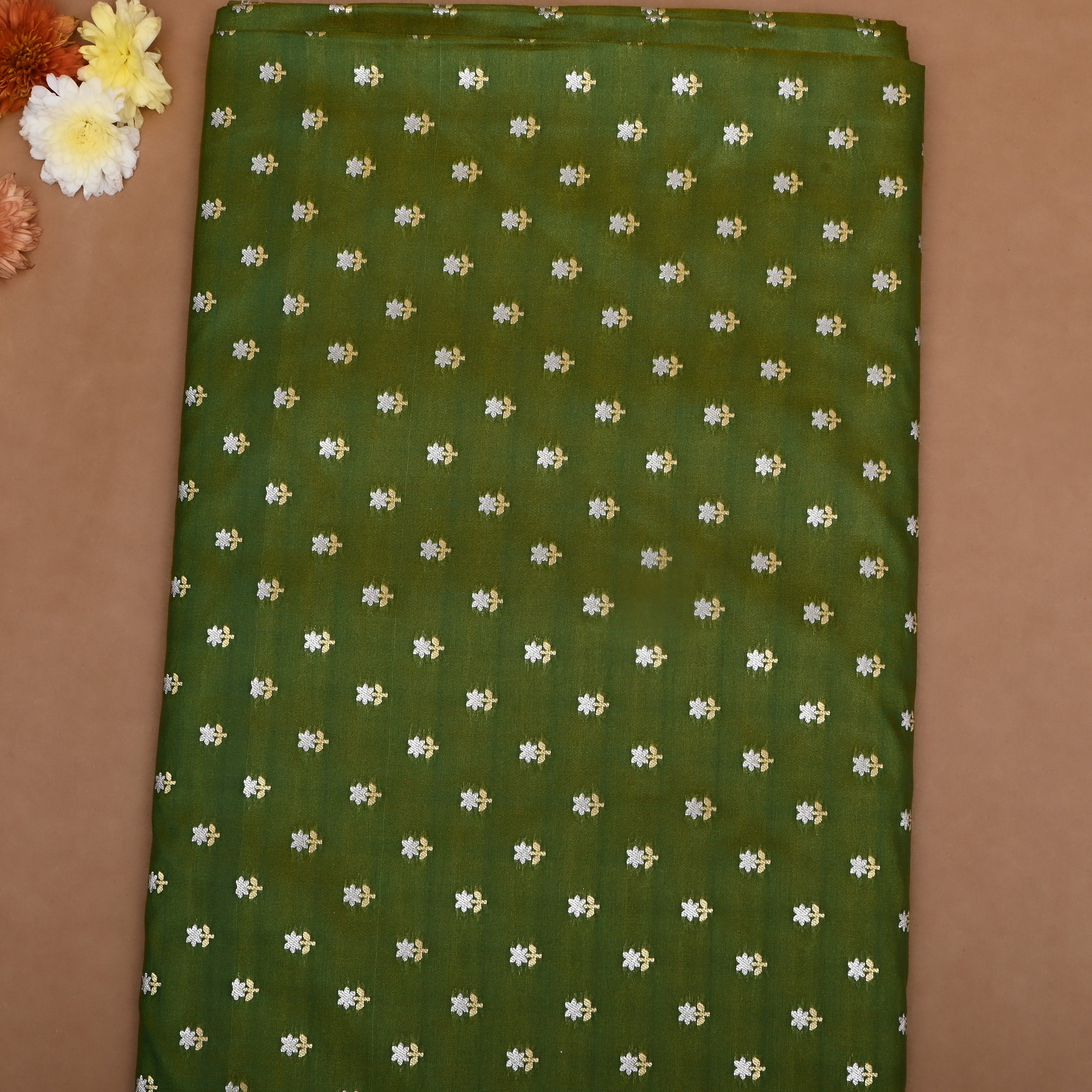 Fern Green Floral Jamawar Silk Fabric