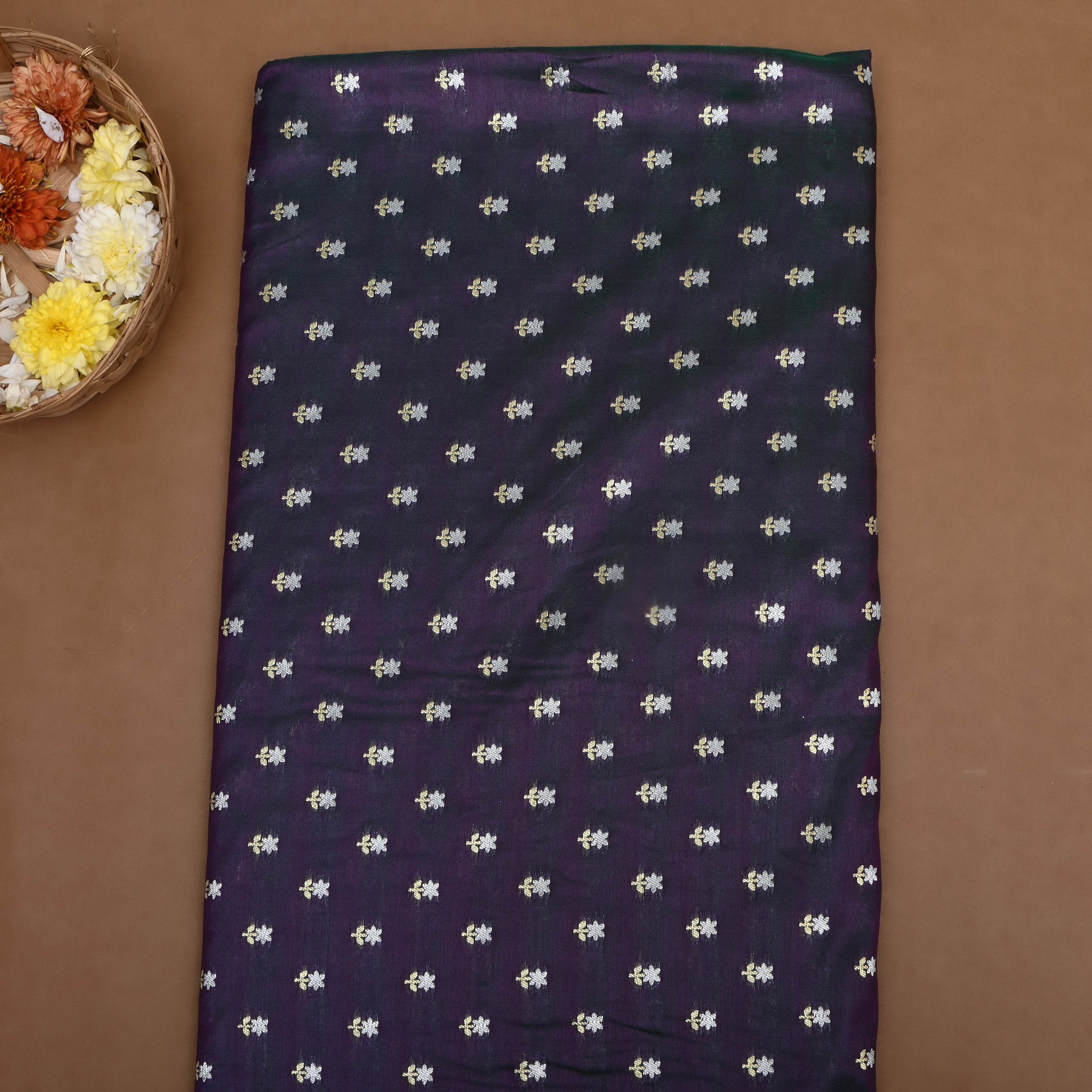 Dark Purple Floral Jamawar Silk Fabric