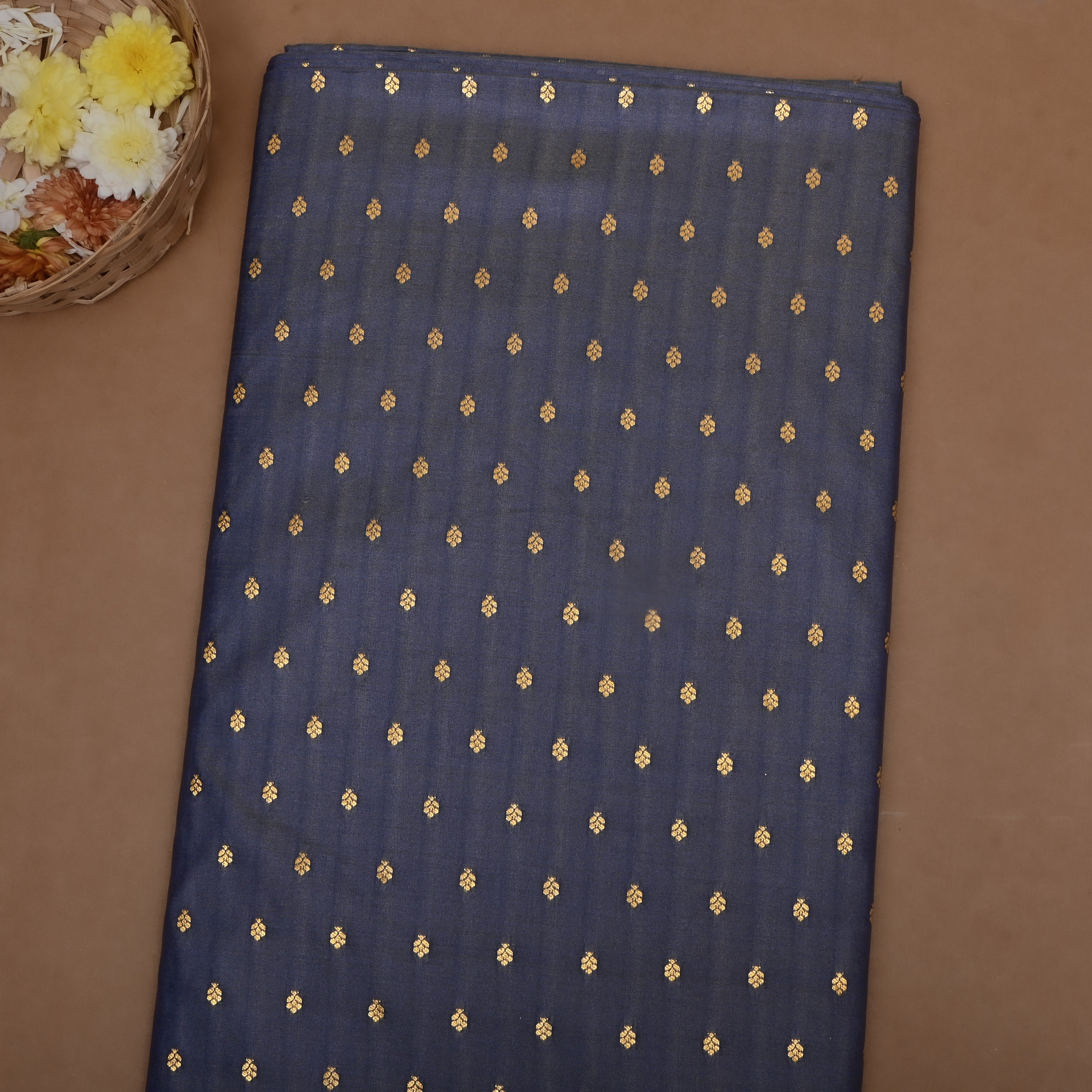 Navy Blue Floral Jamawar Silk Fabric